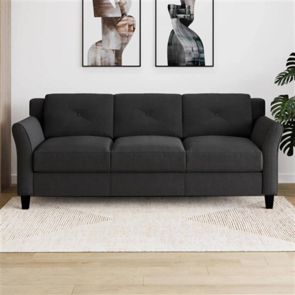 Angle. Hivvago - Modern 3-Seater Black Microfiber Upholstered Sofa - Black.