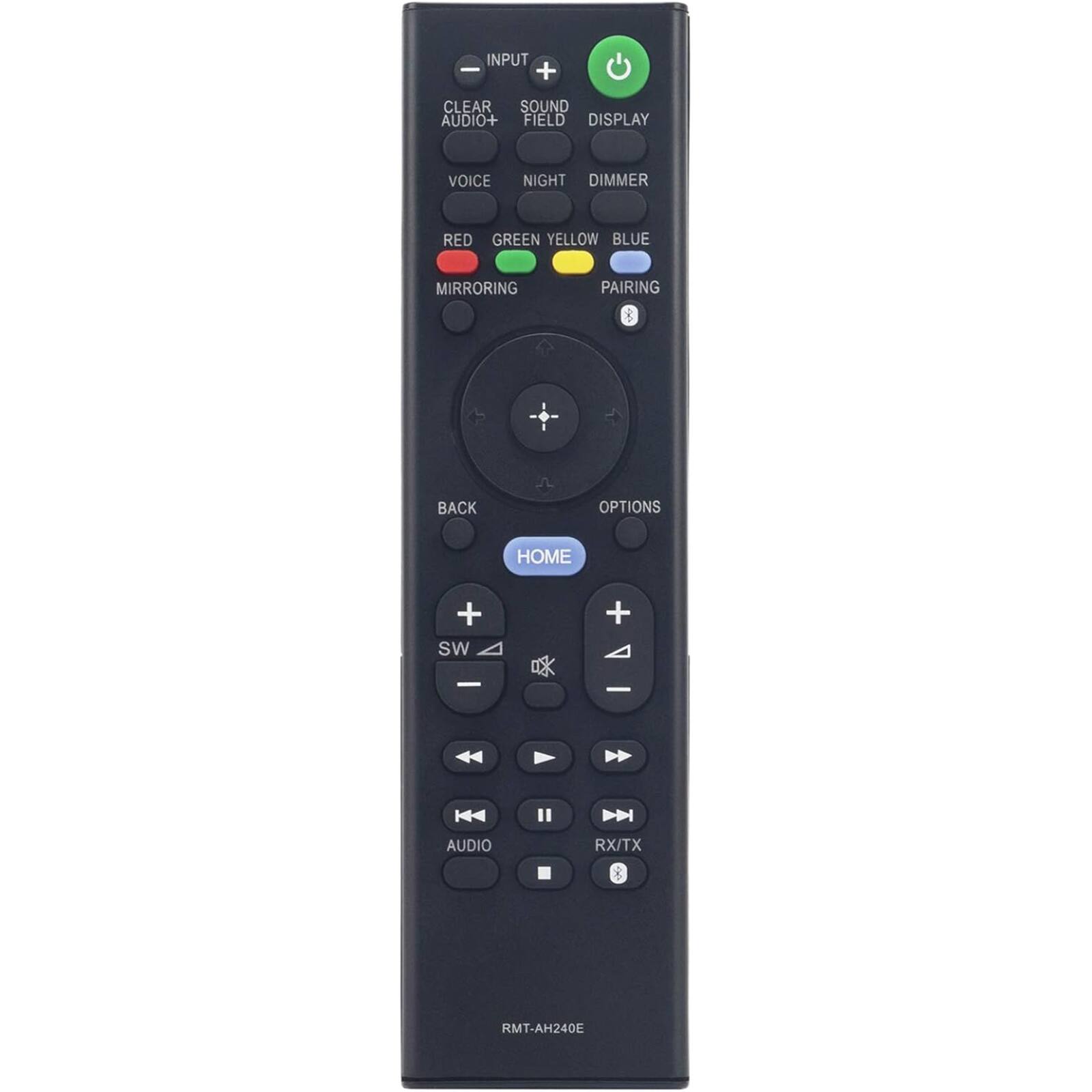 INPUT  
CLEAR AUDIO+  
SOUND FIELD  
VOICE  
NIGHT  
DIMMER  
RED  
GREEN  
YELLOW  
BLUE  
MIRRORING  
PAIRING  
BACK  
OPTIONS  
HOME  
SW  
AUDIO  
RX/TX  
RMT-AH240E