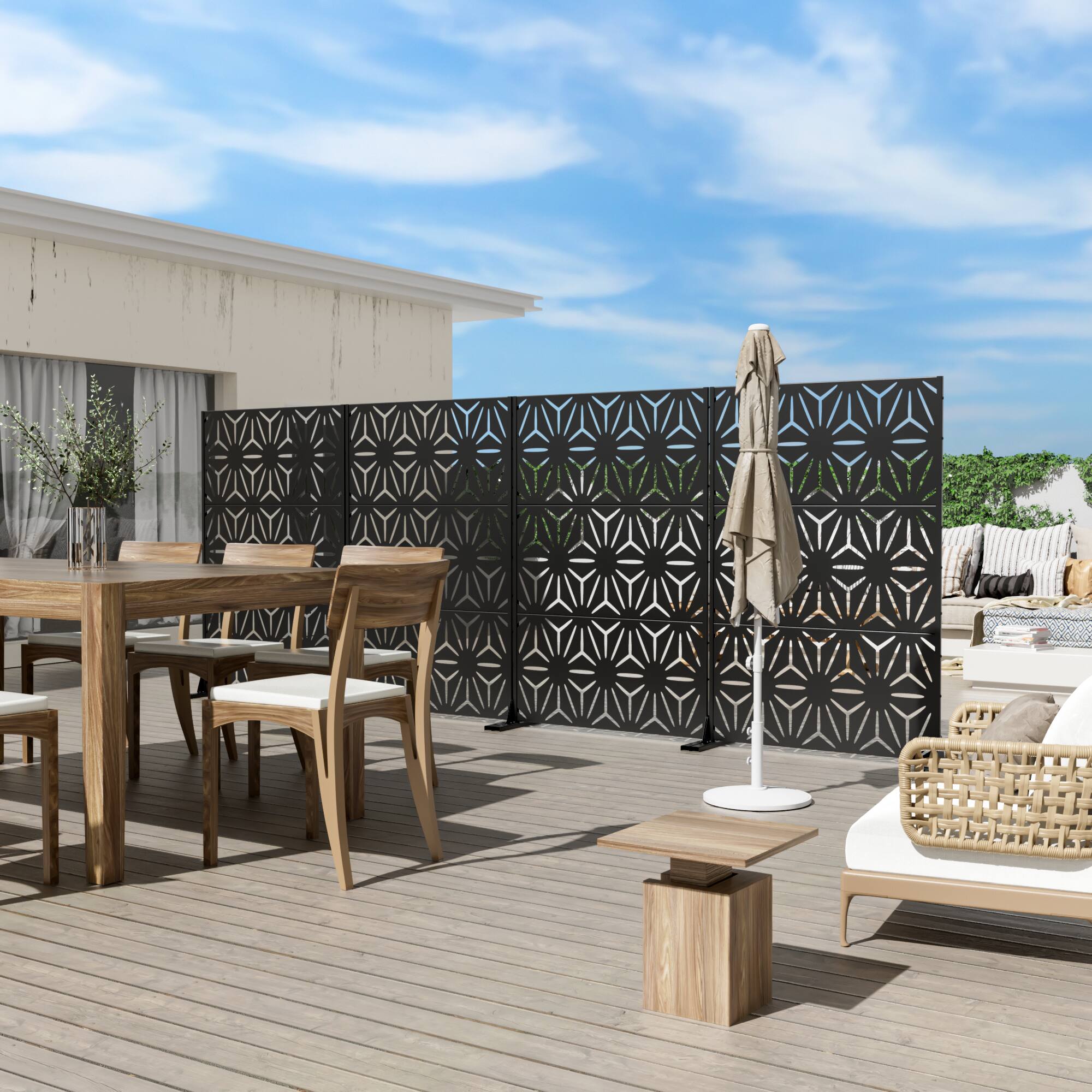 Alt View 2. PexFix - 72 in. x 47 in. Star Pattern Metal Outdoor Privacy Screen & Panels, Freestanding Garden Divider Fence - Black.