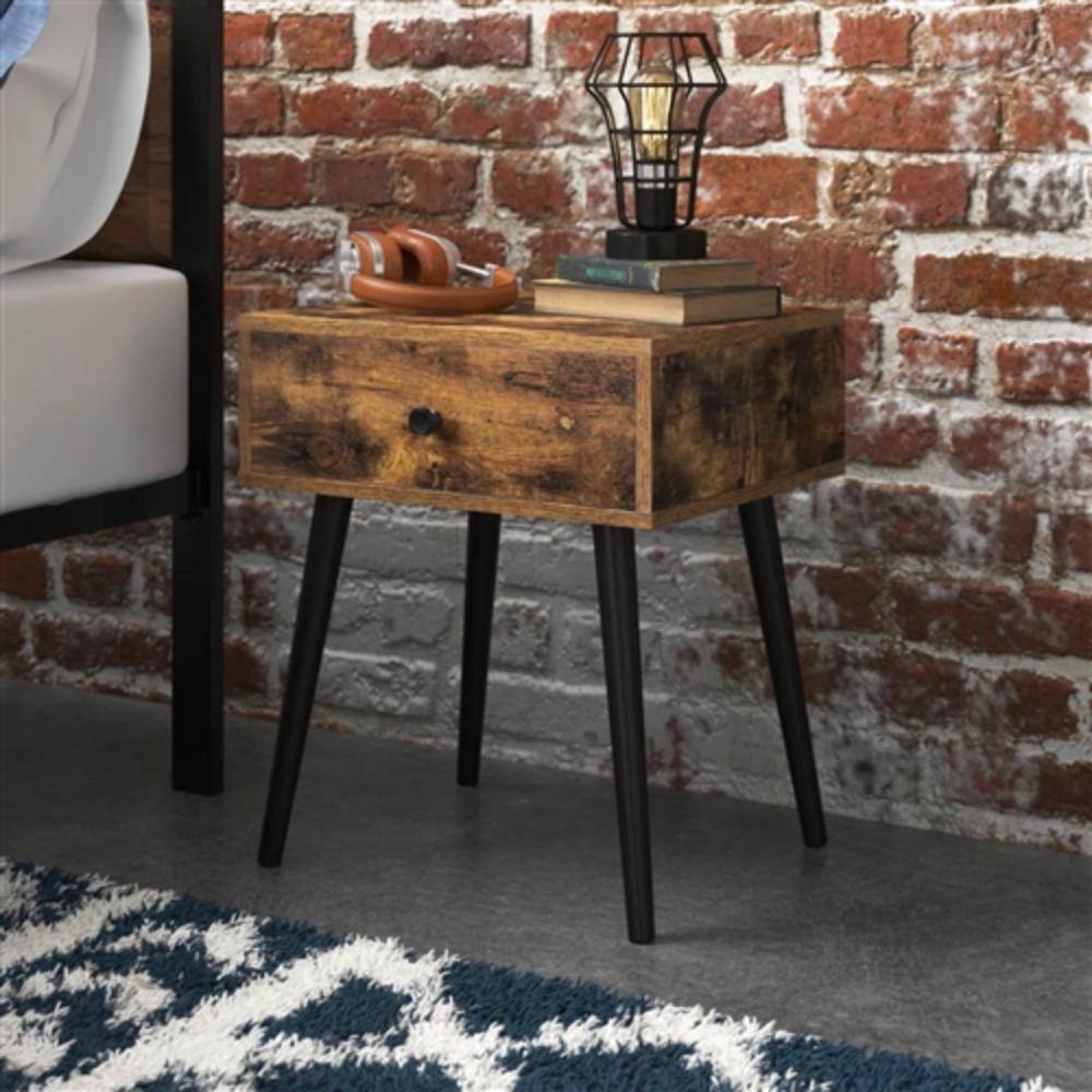 Angle. Hivvago - Mid-Century Modern Farmhouse Bedroom 1-Drawer Nightstand End Table - Brown/Black.