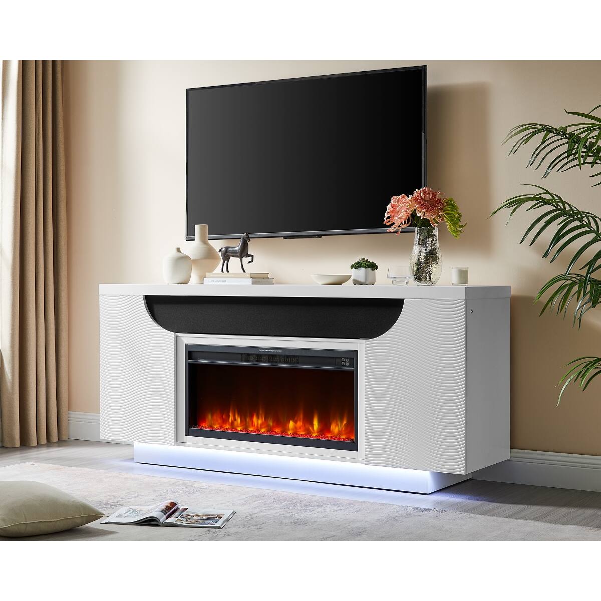 Back. Loheer - Loheer 76 inch white electric fireplace freestanding modern design - White.