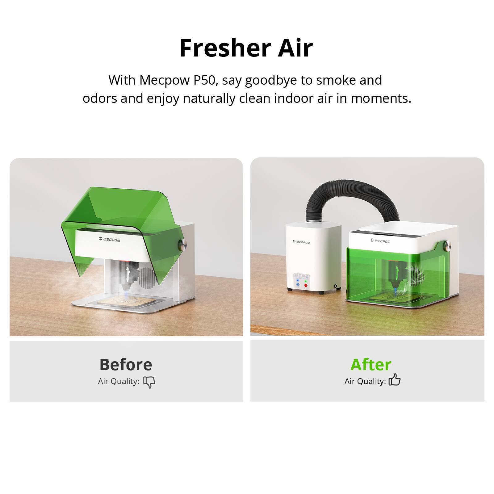 Fresher Air

With Mecpow P50, say goodbye to smoke and odors and enjoy naturally clean indoor air in moments.

Before
Air Quality: 👎

After
Air Quality: 👍