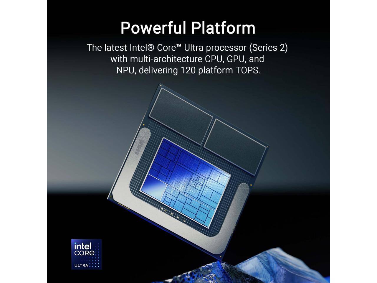 Powerful Platform

The latest Intel® Core™ Ultra processor (Series 2) with multi-architecture CPU, GPU, and NPU, delivering 120 platform TOPS.

intel CORE ULTRA