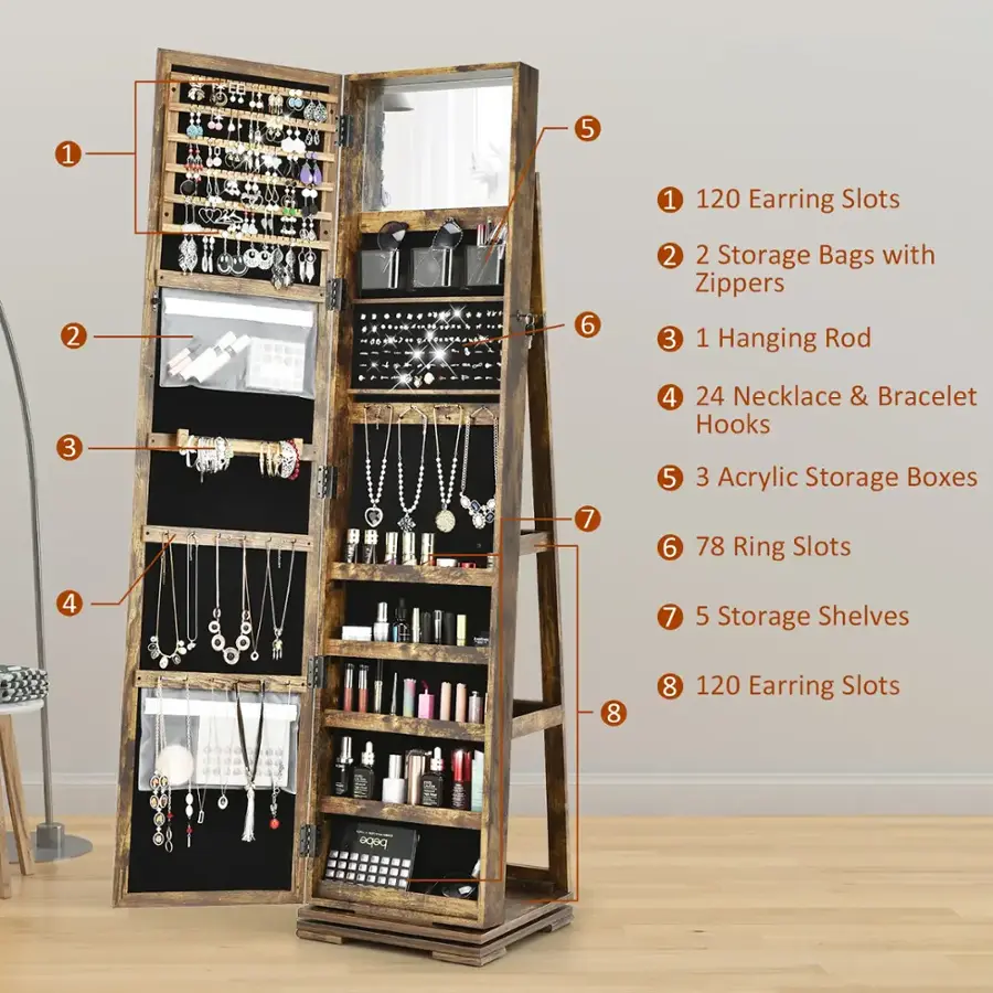 1. 5. 1. 120 Earring Slots
2. 6. 2. 2 Storage Bags with Zippers
3. 1. Hanging Rod
4. 7. 4. 24 Necklace & Bracelet Hooks
5. 3. Acrylic Storage Boxes
6. 78. Ring Slots
7. 4. 7. 5 Storage Shelves
8. 8. 120 Earring Slots