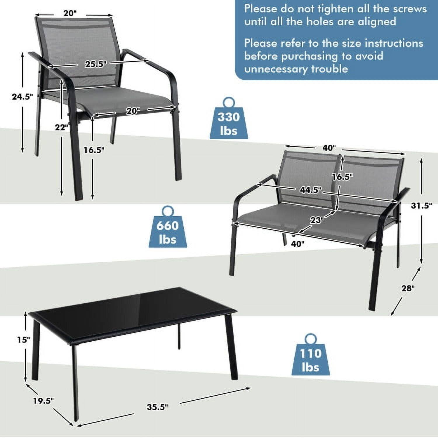 Please do not tighten all the screws until all the holes are aligned. Please refer to the size instructions before purchasing to avoid unnecessary trouble.

- Chair:
  - Height: 24.5"
  - Width: 20"
  - Depth: 22"
  - Seat Height: 16.5"
  - Back Height: 25.5"
  - Weight Capacity: 330 lbs

- Bench:
  - Length: 40"
  - Width: 16.5"
  - Depth: 44.5"
  - Seat Height: 31.5"
  - Weight Capacity: 660 lbs

- Table:
  - Length: 35.5"
  - Width: 19.5"
  - Height: 15"
  - Weight Capacity: 110 lbs