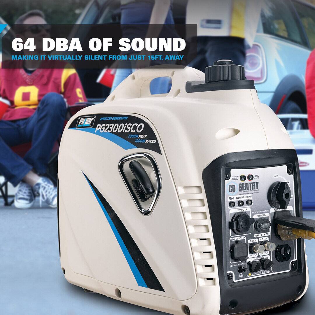 64 DBA OF SOUND  
MAKING IT VIRTUALLY SILENT FROM JUST 15FT. AWAY  

PG2300iSCO  
INVERTER GENERATOR  
2300W PEAK  
1800W RATED  

CO SENTRY  
OVERVOLTAGE PROTECTION  
11V DC OUTPUT  
ECONOMY MODE  
OFF + ON  
DC 12V OUTPUT  
DC 12V OUTPUT  
AC 110V OUTPUT  

NATURAL FLOATING