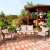 Front. Costway - Costway 4PCS Outdoor Rattan Furniture Set Acacia Wood Table Cushioned Sofa Chair Garden - Coffee.