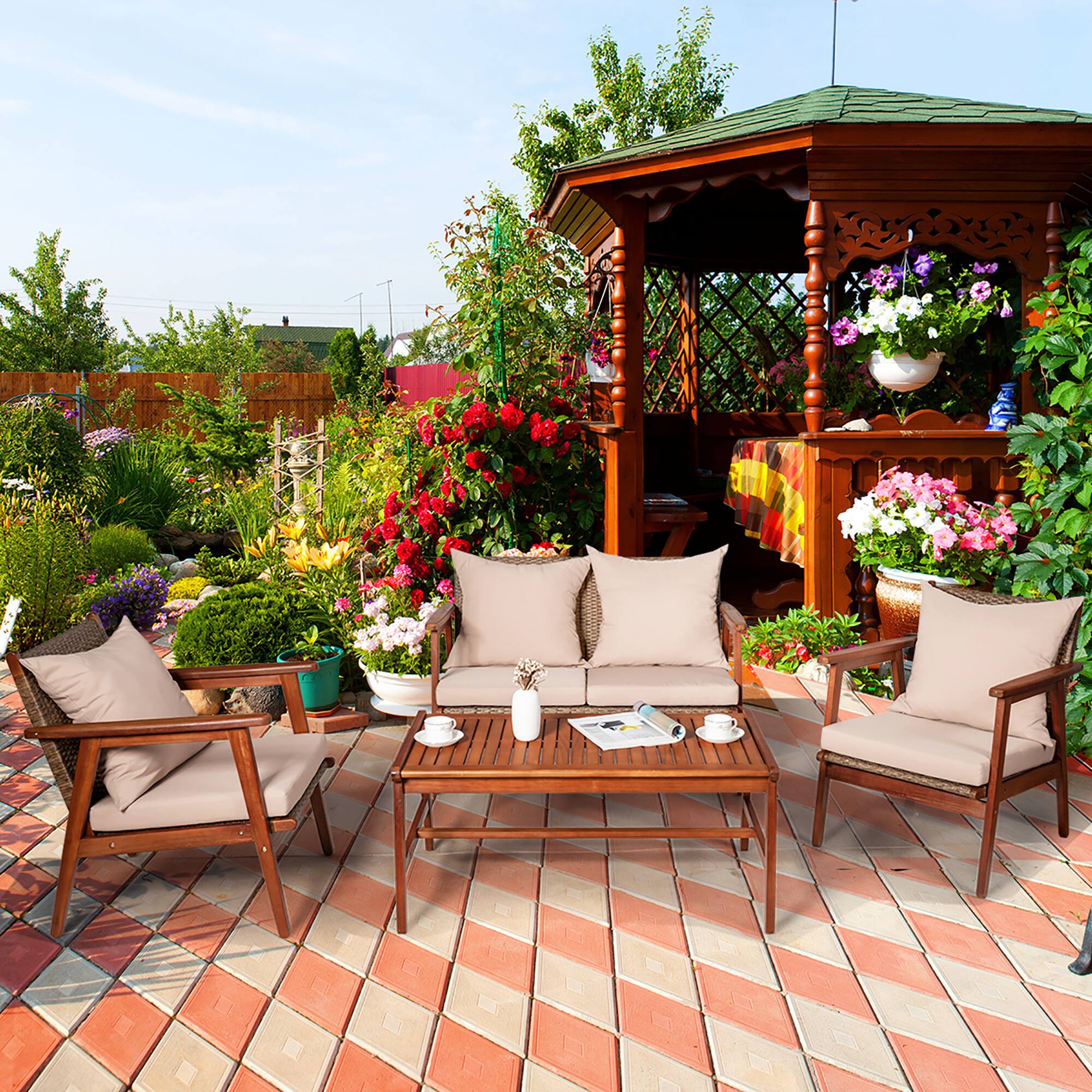 Alt View 1. Costway - Costway 4PCS Outdoor Rattan Furniture Set Acacia Wood Table Cushioned Sofa Chair Garden - Coffee.
