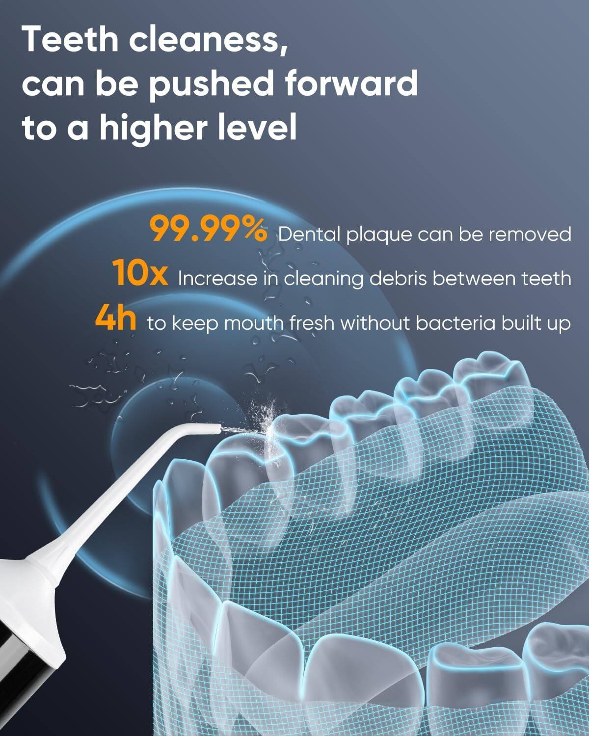 Teeth cleaness, can be pushed forward to a higher level

99.99% Dental plaque can be removed

10x Increase in cleaning debris between teeth

4h to keep mouth fresh without bacteria built up