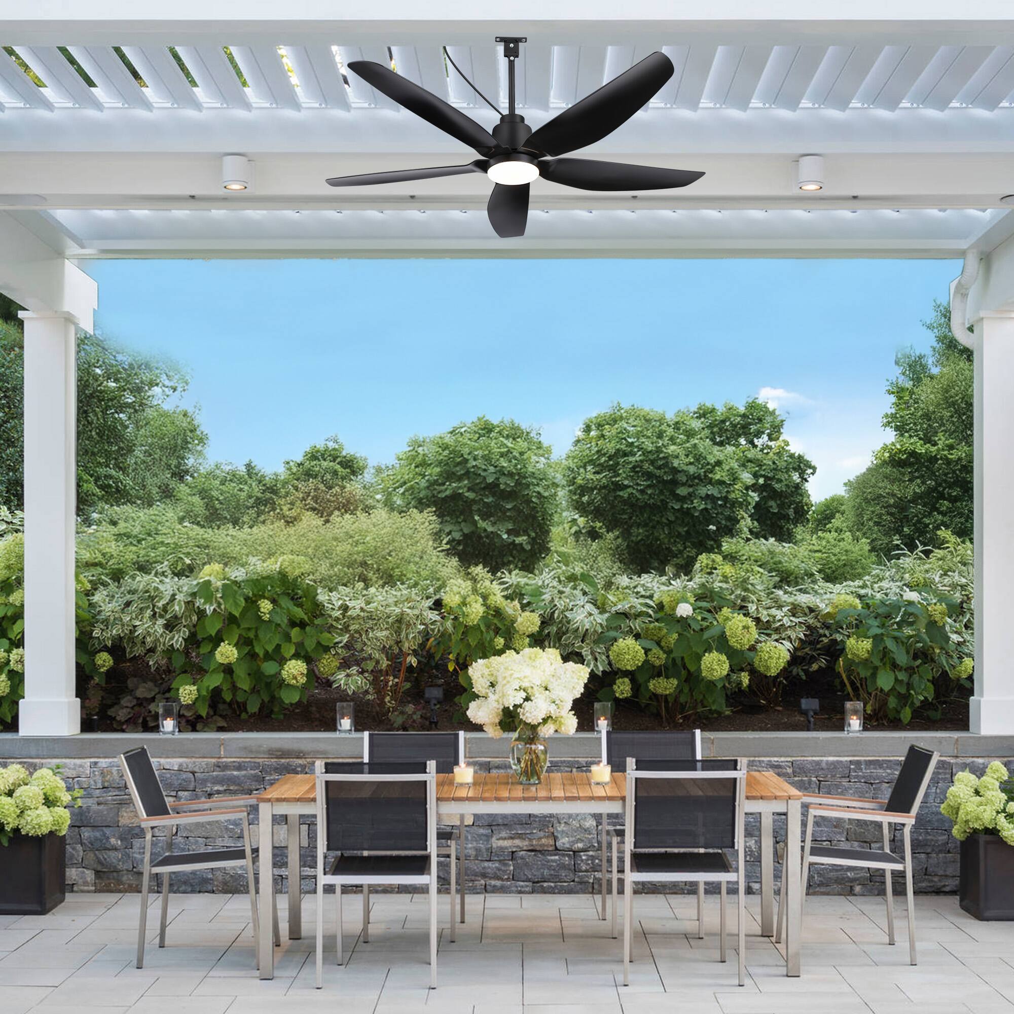 Left. Breezary - 52-Inch Outdoor Waterproof Ceiling Fan with LED Light, ABS Blades, Remote, DC Motor, Includes 6&10-Inch Downrods - matte black.