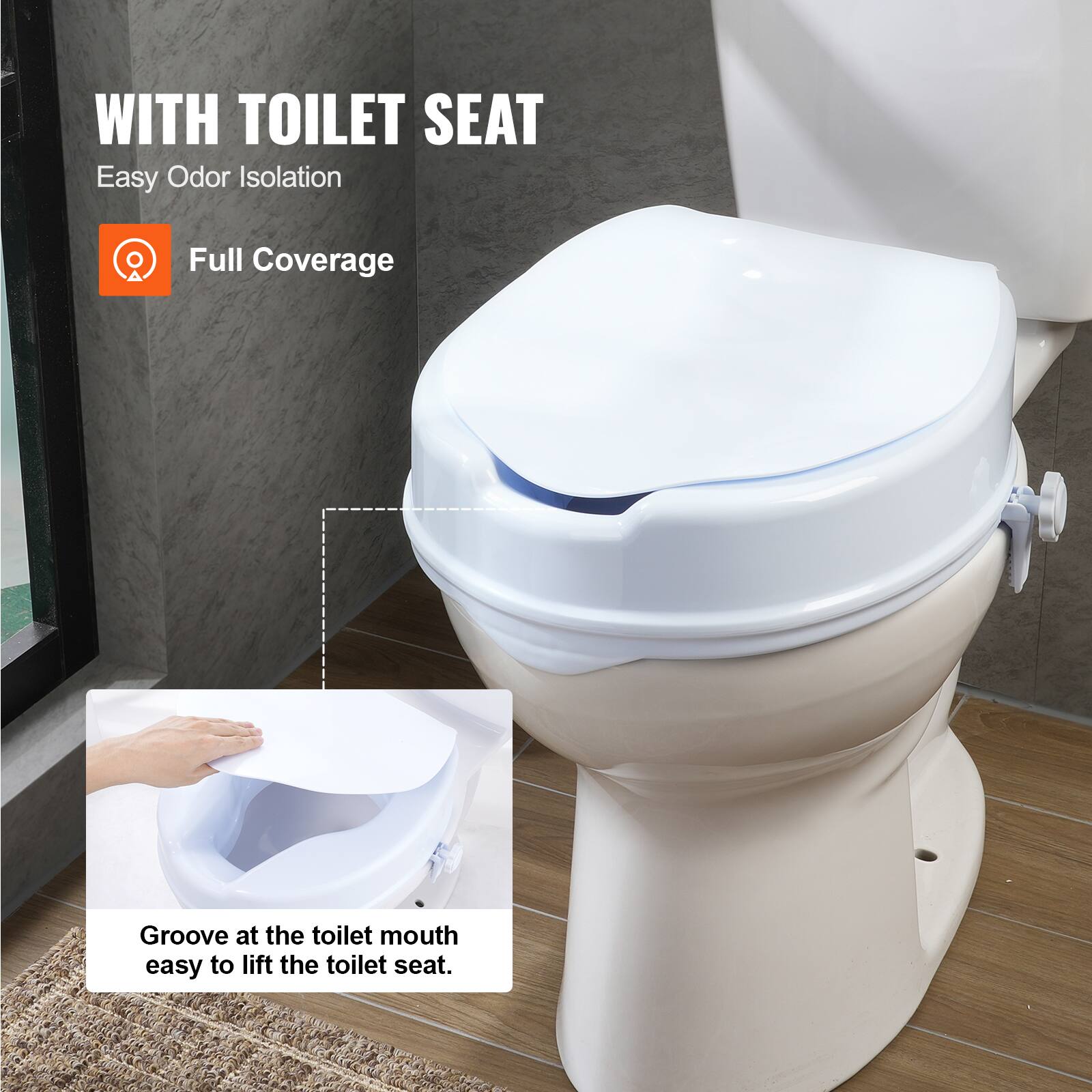 WITH TOILET SEAT
Easy Odor Isolation
Full Coverage
Groove at the toilet mouth easy to lift the toilet seat.
