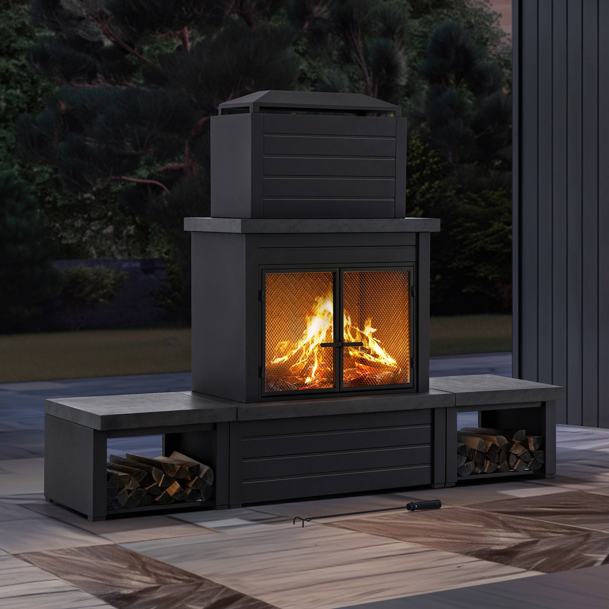 Back. SUNJOY - Sunjoy Winters Woodburning Fireplace with Log Holder (Set of 3) - Black - Black/dark gray.