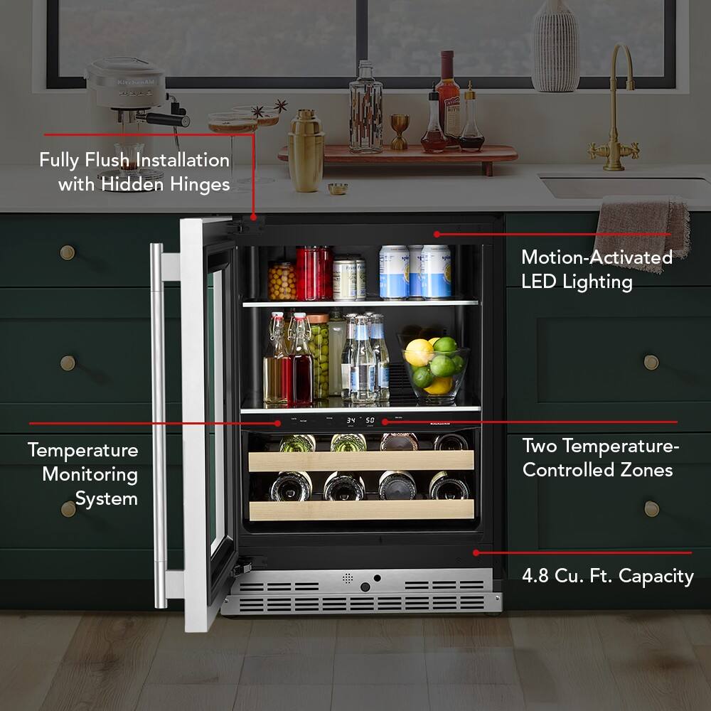 Fully Flush Installation with Hidden Hinges  
Motion-Activated LED Lighting  
Temperature Monitoring System  
Two Temperature-Controlled Zones  
4.8 Cu. Ft. Capacity