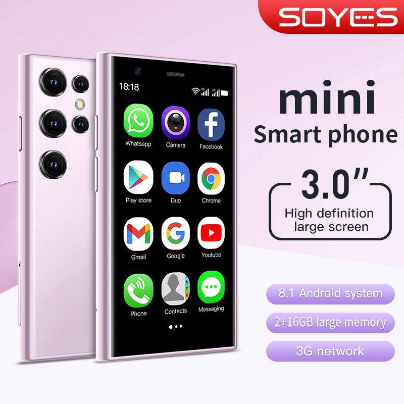 SOYES mini Smart phone 3.0" High definition large screen Phone

- 8.1 Android system
- 2+16GB large memory
- 3G network

Apps: Whatsapp, Camera, Facebook, Play store, Duo, Chrome, Gmail, Google, Youtube, Phone, Contacts, Messaging