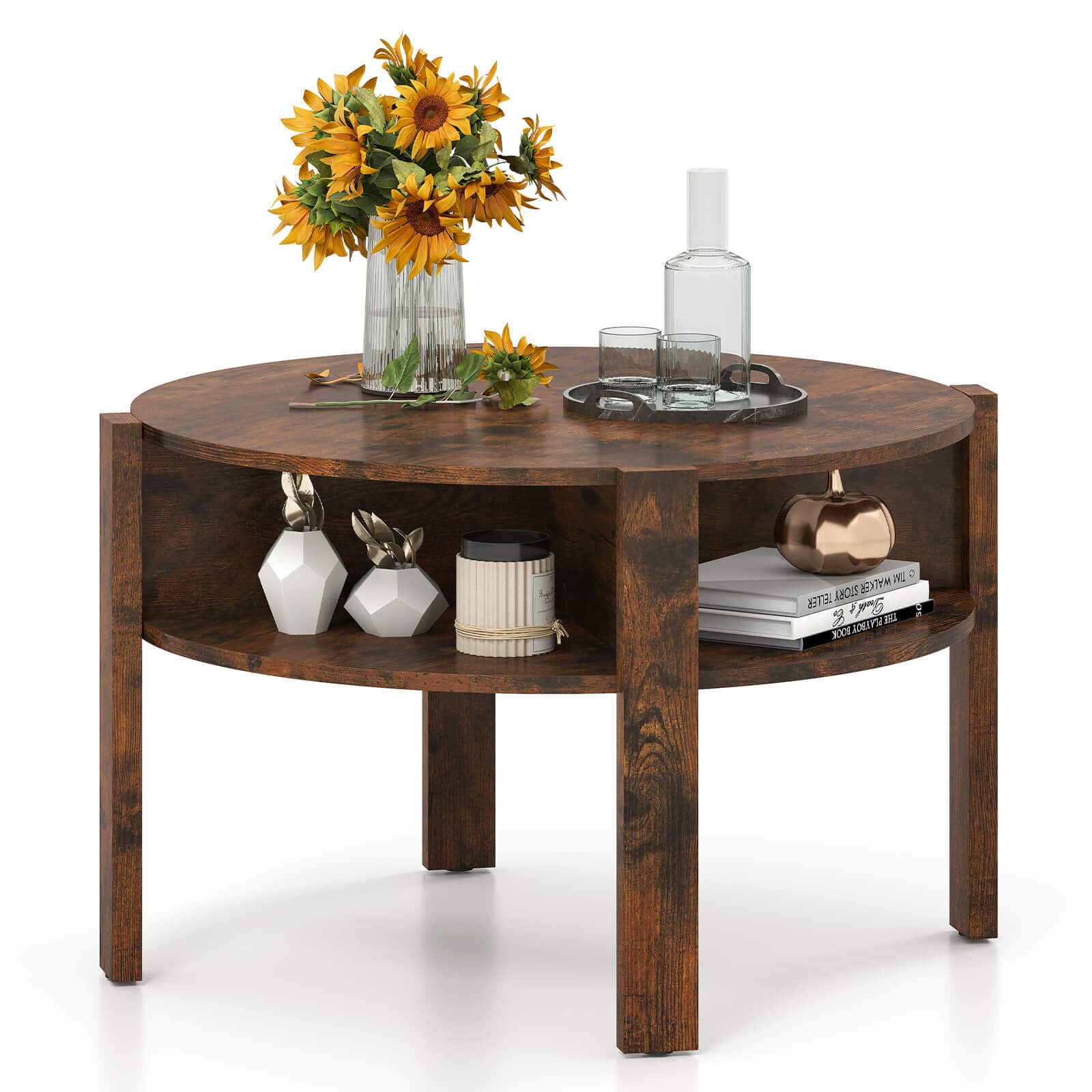 Costway - Round Coffee Table 29.5" Center Table with Storage Shelves for Living Room - Rustic Brown