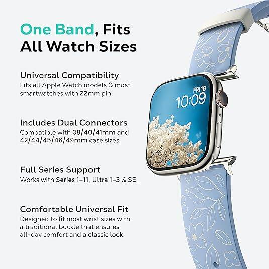 One Band, Fits All Watch Sizes

Universal Compatibility
Fits all Apple Watch models & most smartwatches with 22mm pin.

Includes Dual Connectors
Compatible with 38/40/41mm and 42/44/45/46/49mm case sizes.

Full Series Support
Works with Series 1-11, Ultra 1-3 & SE.

Comfortable Universal Fit
Designed to fit most wrist sizes with a traditional buckle that ensures all-day comfort and a classic look.