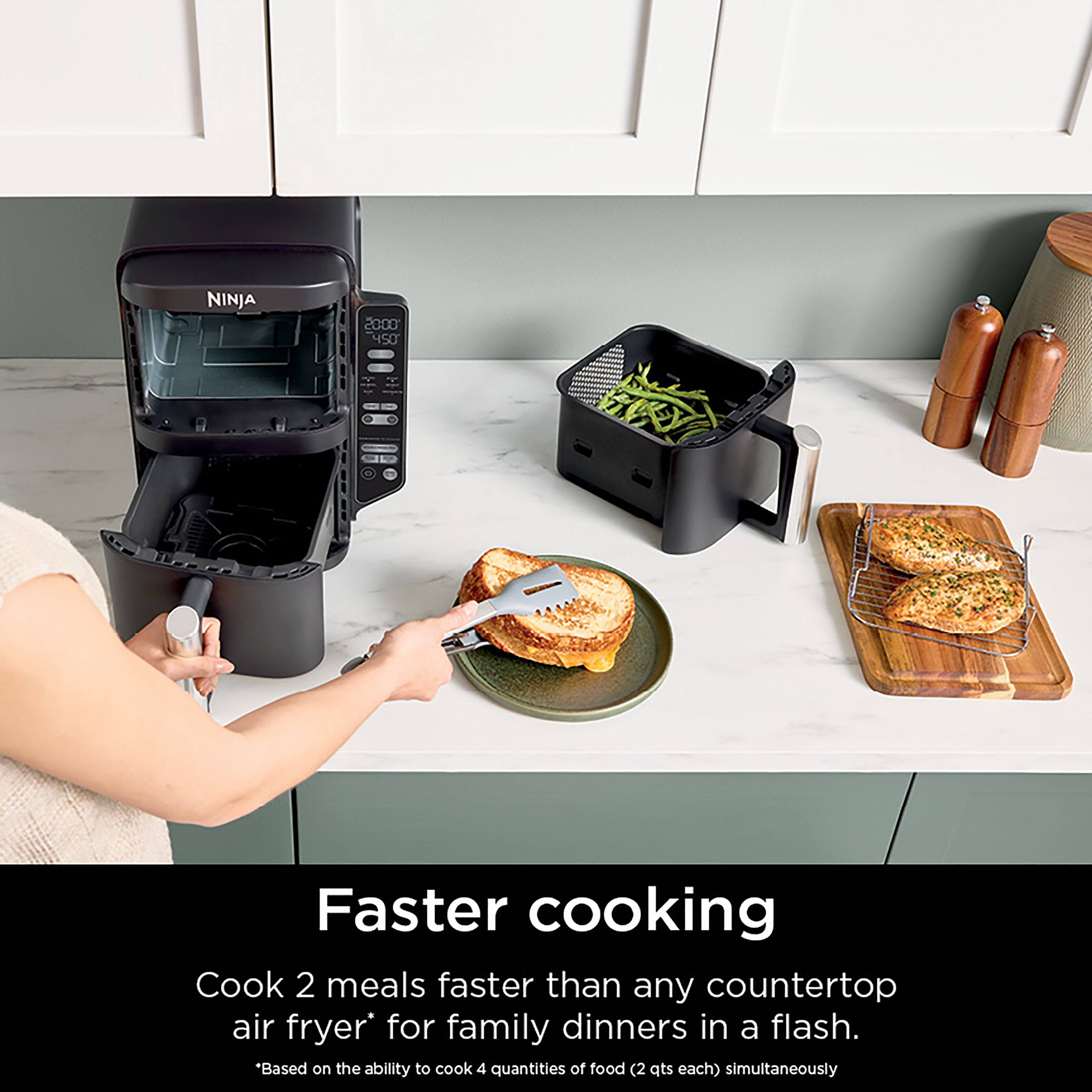 Faster cooking with Ninja 2000 450: Cook 2 meals faster than any countertop air fryer for family dinners in a flash. Based on the ability to cook 4 quantities of food (2 qts each) simultaneously.