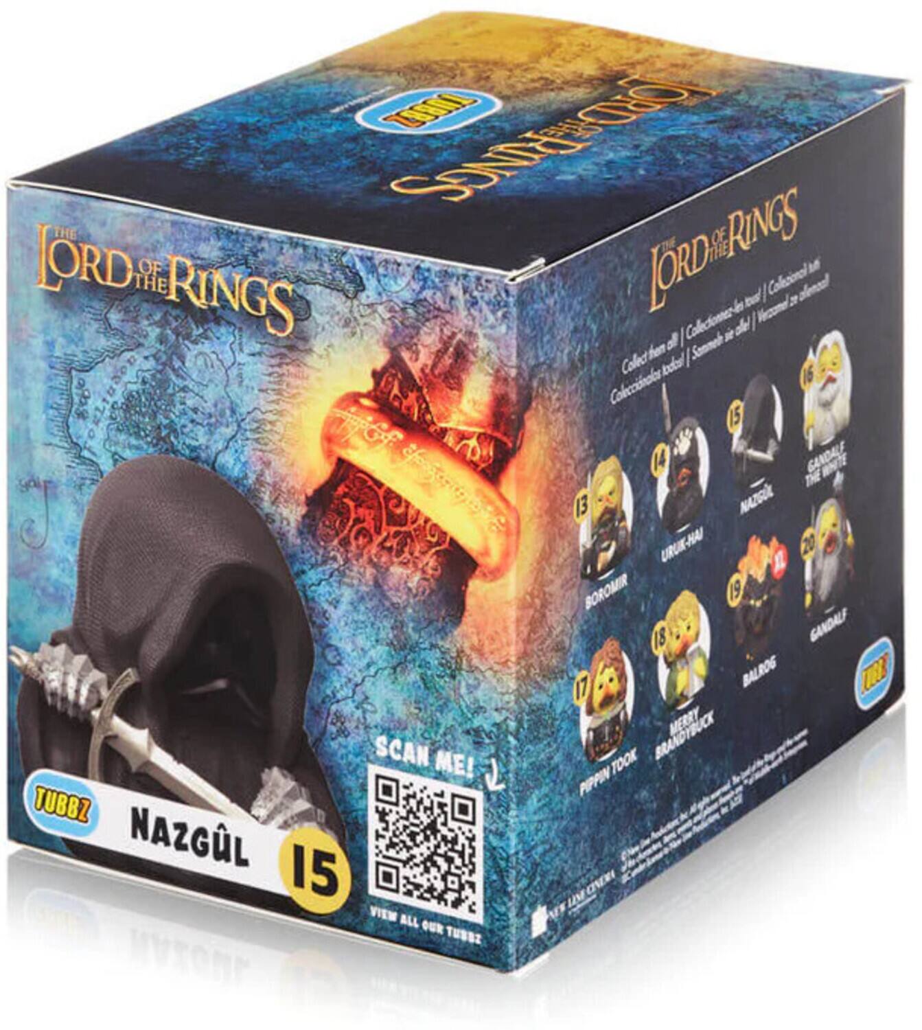 The text on the image is:

"THE LORD OF THE RINGS
COLLECTIBLES
COLLECT THE RINGS OF POWER
15 NAZGUL
18 GANDALF
17 BALROG
13 BOROMIR
14 GANDALF
16 MERRY BRADYBUCK
19 PIPPIN TUBB
15 UNOERI
12 ALL M
11 OUR TUSEZ
SCAN ME!
TUBZ"