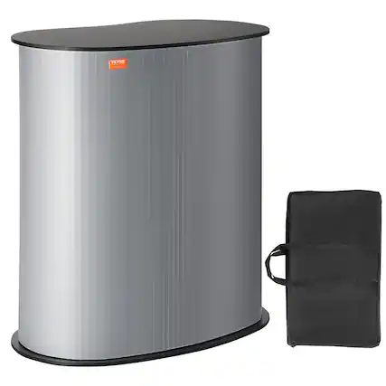 Front. VEVOR - Portable Tradeshow Podium Table, 35.43" x 19.29" x 37.01", Display Exhibition Counter Stand Booth Fair with Wall - Black + Silver.