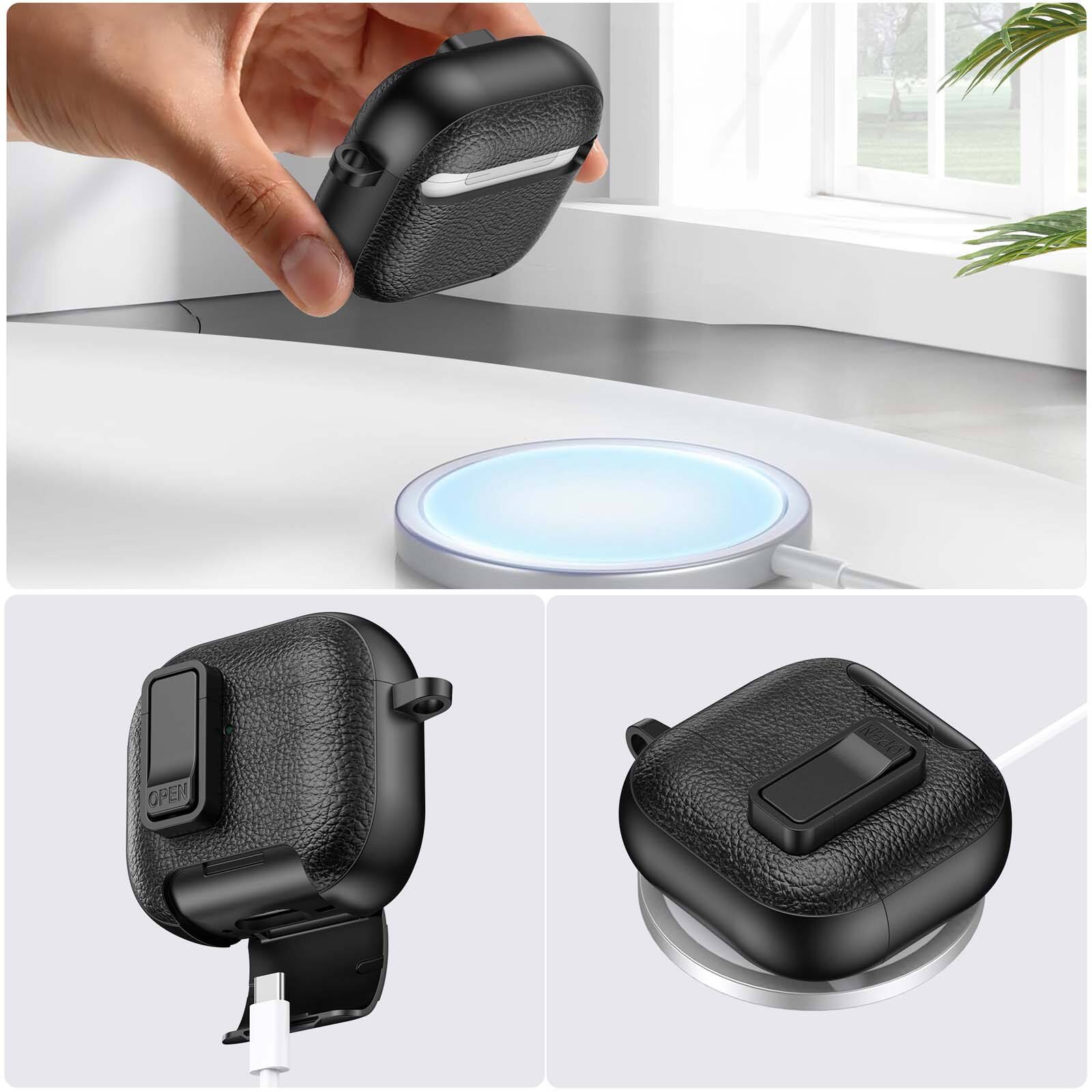 Back. Dteck - Earphone Case for Apple Airpods 4th Gen with Phone Holder & Keychain,Leather Texture Earbuds Cover for Man Women - Whiteblack.
