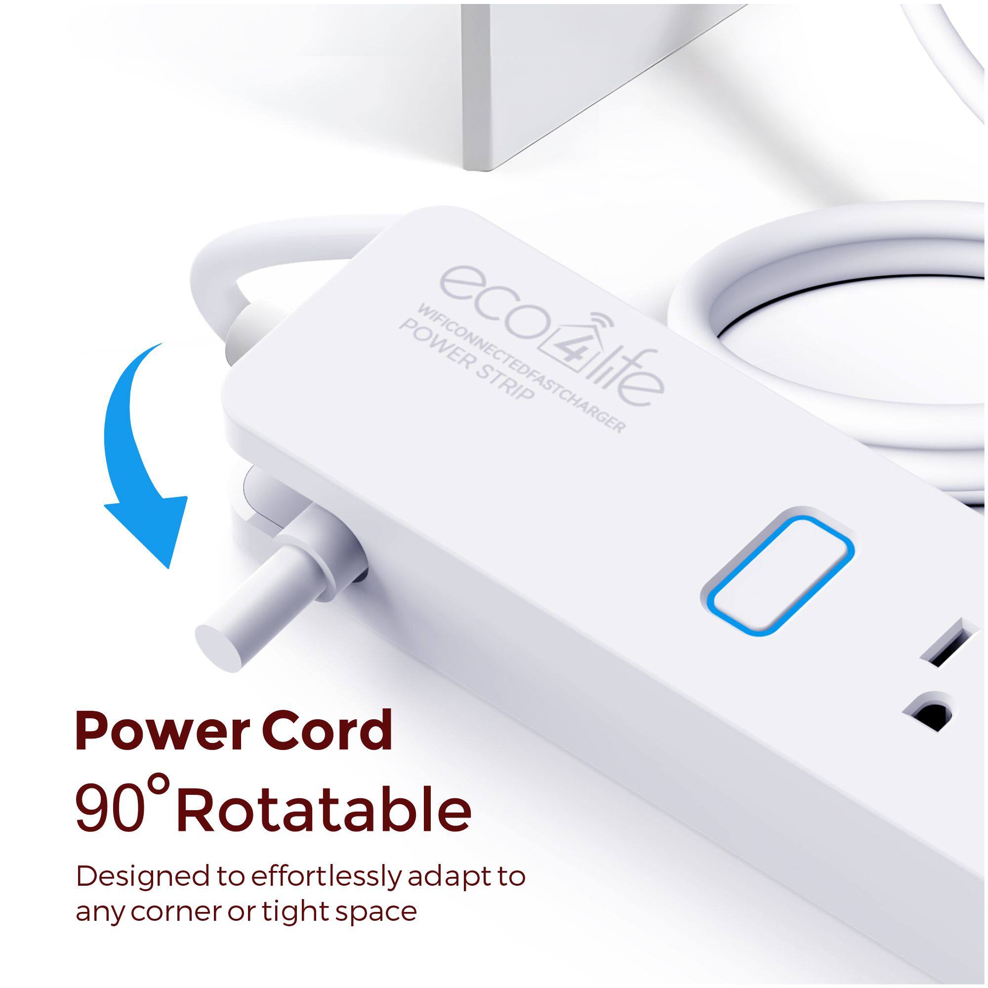 POWER eco WIFICONNECTEDFASTCHARGER STRIP Power Cord 90° Rotatable Designed to effortlessly adapt to any corner or tight space