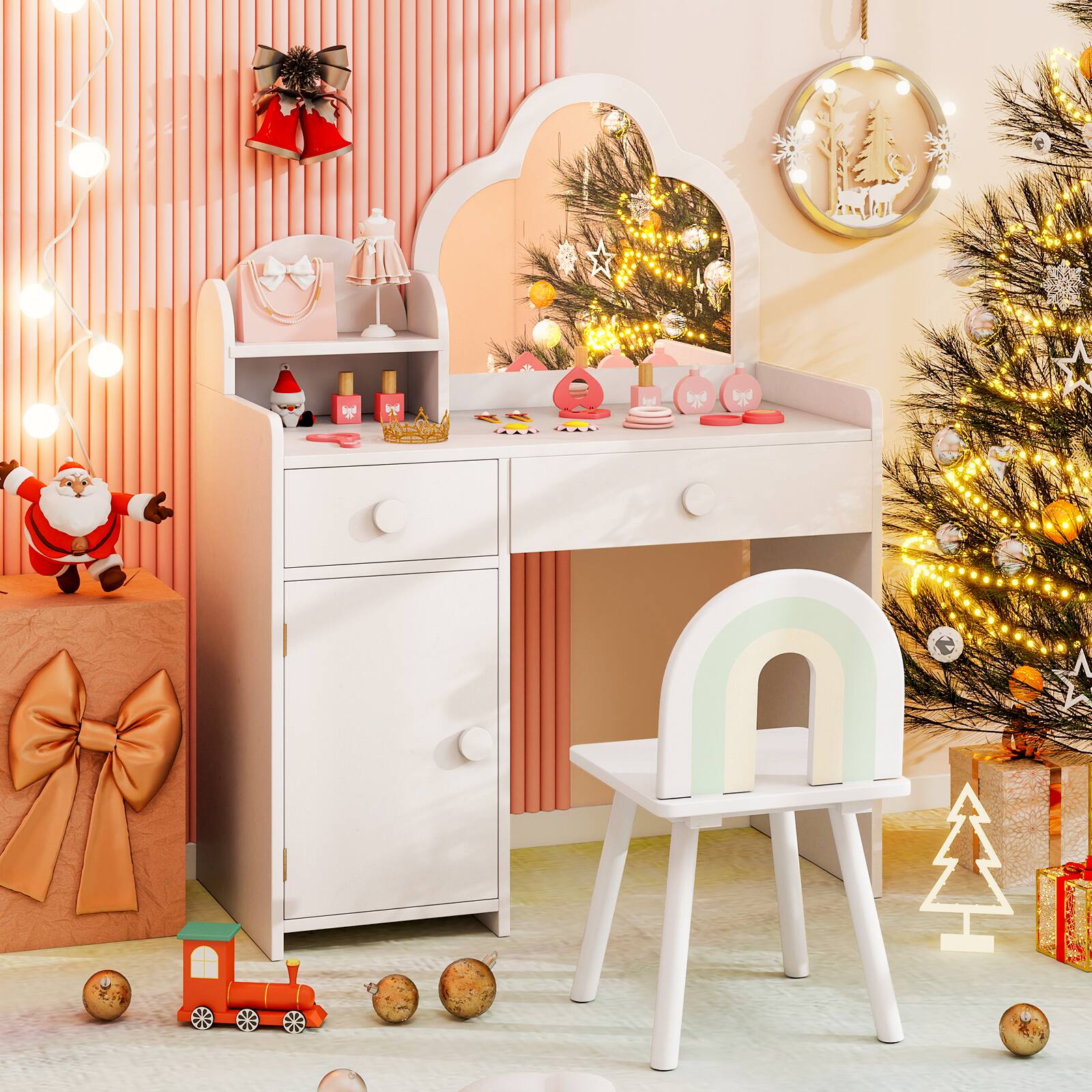 Alt View 1. Costway - Costway Kids Vanity Table and Chair Set with Cloud-shaped Mirror Open Shelf Storage Drawers - White.