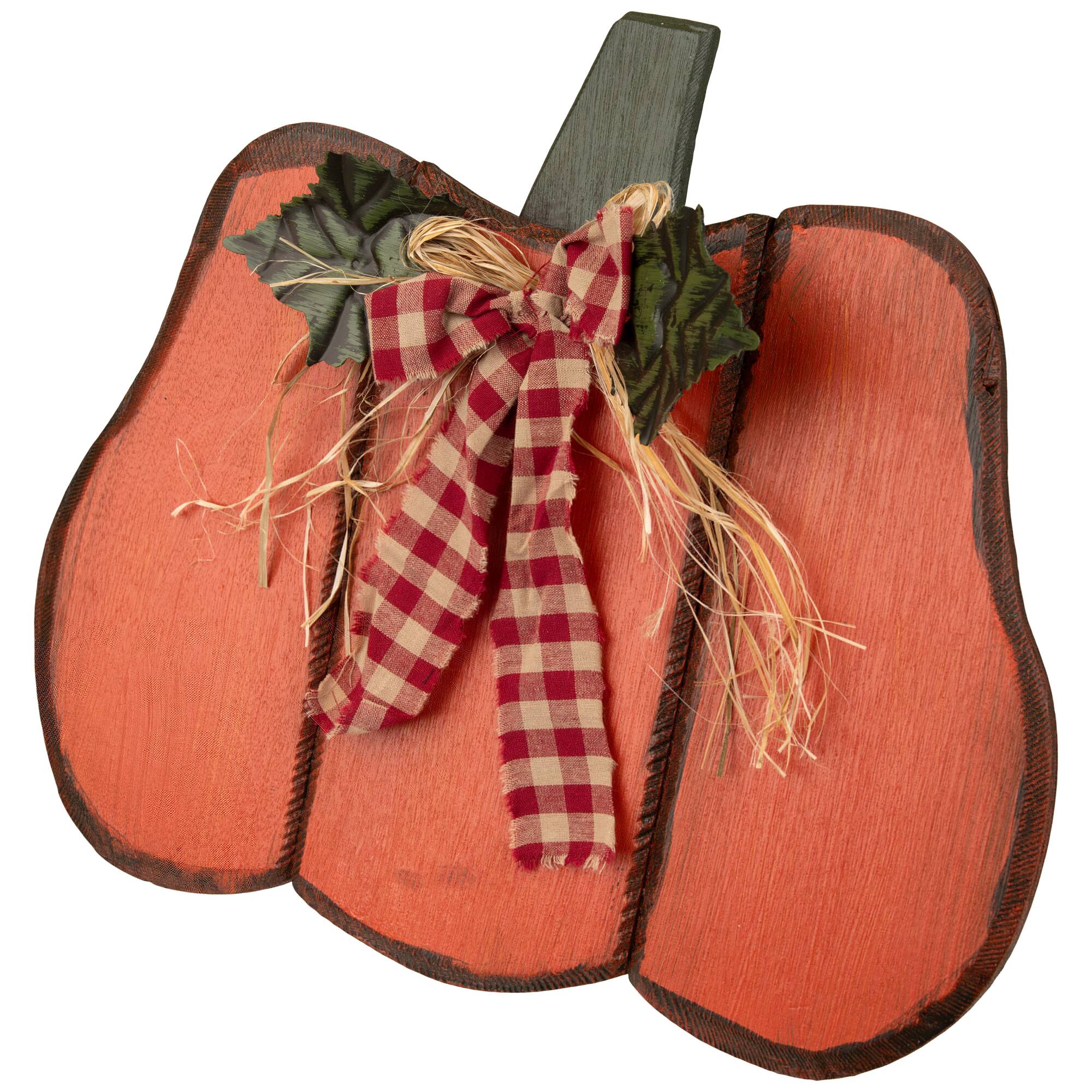 Alt View 3. Northlight - Wooden Pumpkin with Gingham Bow Fall Harvest Decoration - 15.25" - Orange.