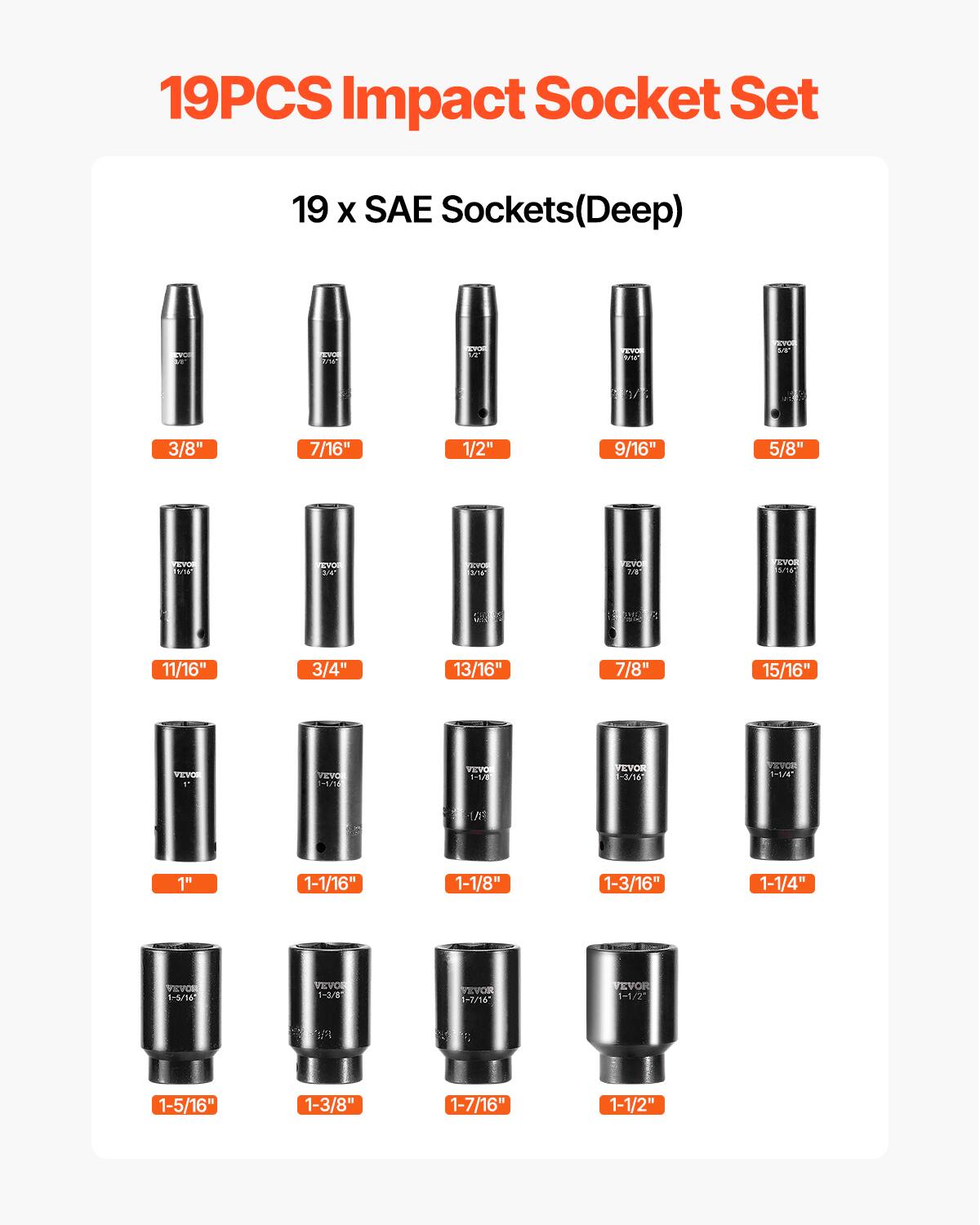 19PCS Impact Socket Set
19 X SAE Sockets(Deep)
3/8" 7/16" 1/2" 9/16" 5/8"
11/16" 3/4" 13/16" 7/8" 15/16"
1" 1-1/16" 1-1/8" 1-3/16" 1-1/4"
1-5/16" 1-3/8" 1-7/16" 1-1/2"