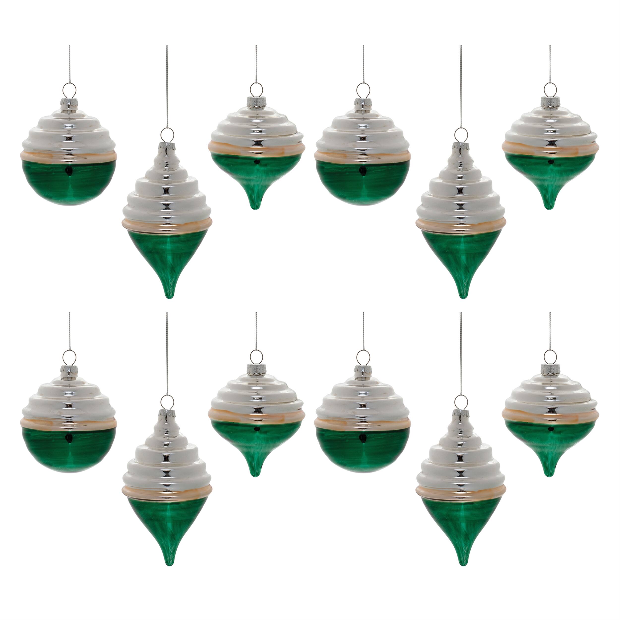 Alt View 3. BreeBe - Two-Tone Tiered Glass Ornament (Set of 12) - Green, Silver.
