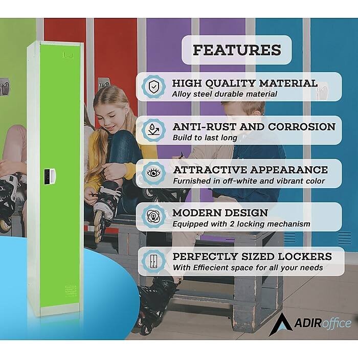 FEATURES
HIGH QUALITY MATERIAL
Alloy steel durable material
ANTI-RUST AND CORROSION
Build to last long
ATTRACTIVE APPEARANCE
Furnished in off-white and vibrant color
MODERN DESIGN
Equipped with 2 locking mechanism
PERFECTLY SIZED LOCKERS
With Efficient space for all your needs
ADIRoffice