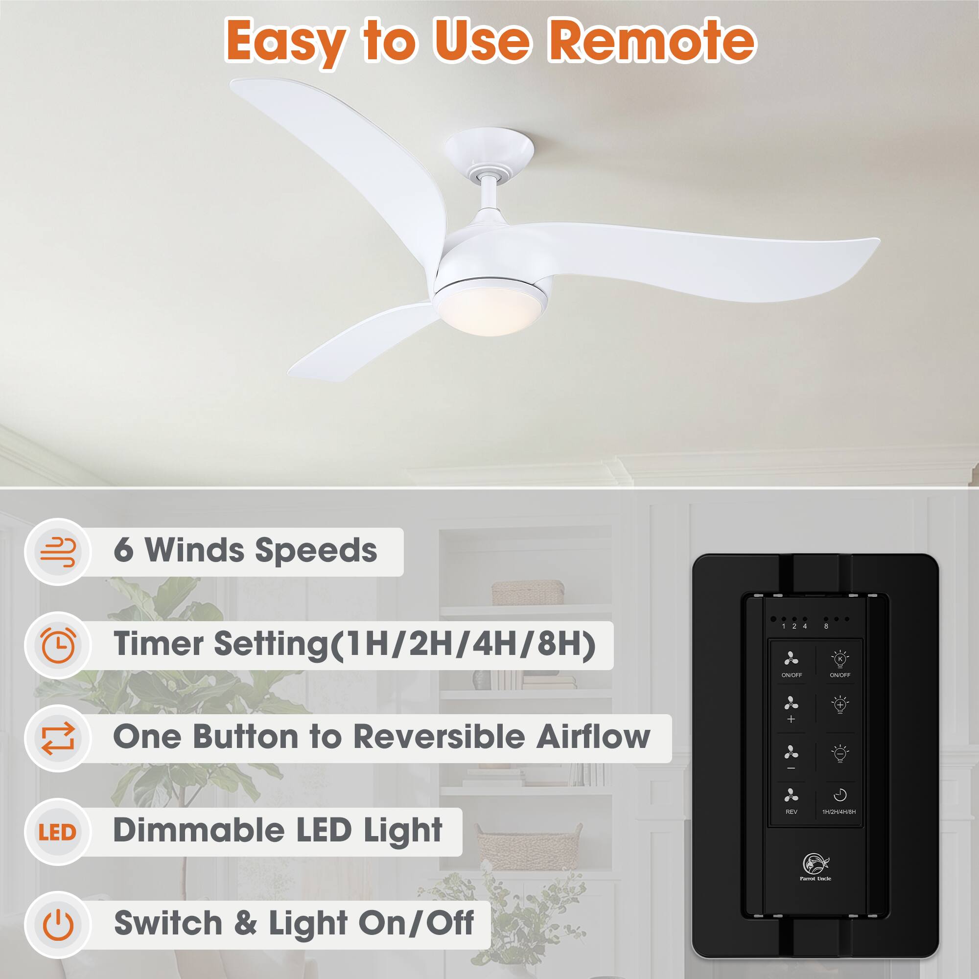 Easy to Use Remote

6 Winds Speeds

Timer Setting(1H/2H/4H/8H)

One Button to Reversible Airflow

Dimmable LED Light

Switch & Light On/Off