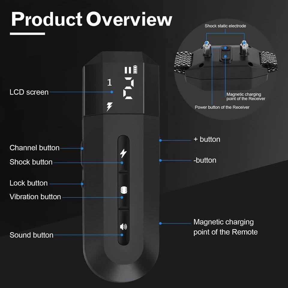 Product Overview

- LCD screen
- Channel button
- Shock button
- Lock button
- Vibration button
- Sound button
- + button
- - button
- Magnetic charging point of the Remote
- Shock static electrode
- Magnetic charging point of the Receiver
- Power button of the Receiver