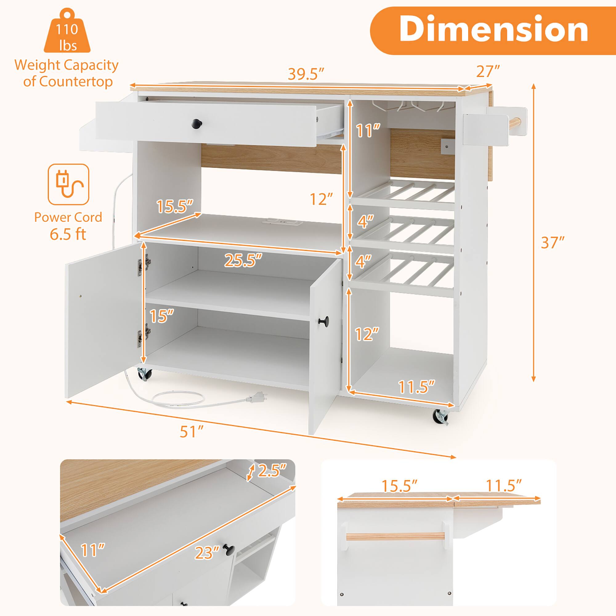 - Weight Capacity of Countertop: 110 lbs
- Dimension: 39.5" x 27"
- Power Cord: 6.5 ft
- 11" (depth of the top shelf)
- 12" (depth of the middle shelf)
- 15.5" (depth of the bottom shelf)
- 25.5" (width of the middle shelf)
- 37" (height from the floor to the top of the desk)
- 51" (width of the desk)
- 11.5" (depth of the bottom drawer)
- 15.5" (width of the bottom drawer)
- 11" (depth of the side shelf)
- 23" (width of the side shelf)
- 4" (depth of the side shelves)
- 2.5" (overhang of the top shelf)
