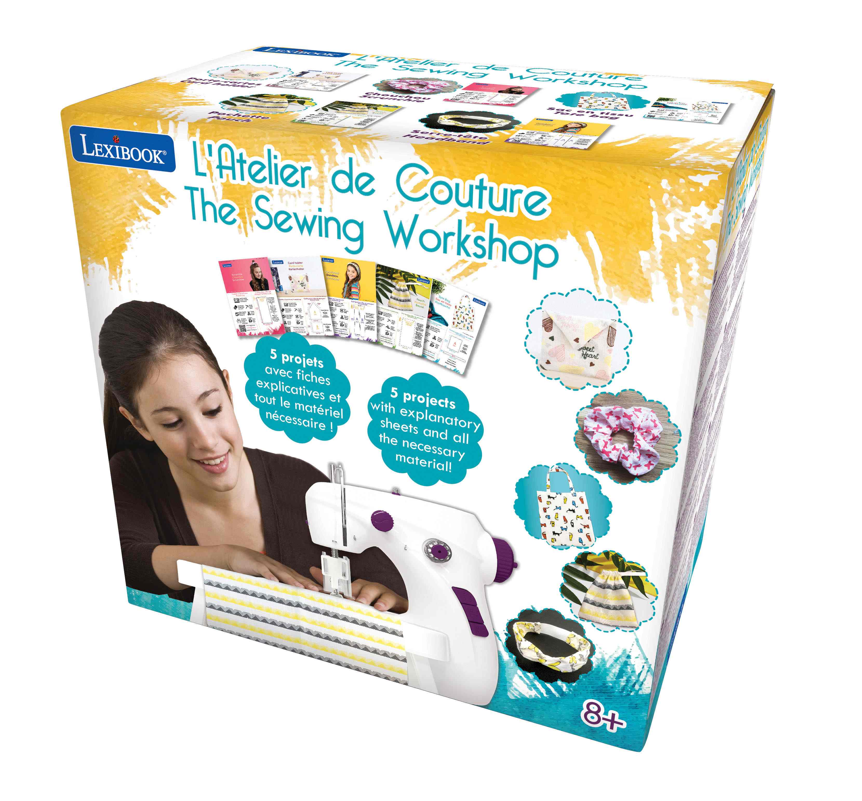 L'Atelier de Couture The Sewing Workshop  
LEXIBOOK  
5 projets avec fiches explicatives et le matériel nécessaire !  
5 projects with explanatory sheets and all necessary material!  
8+