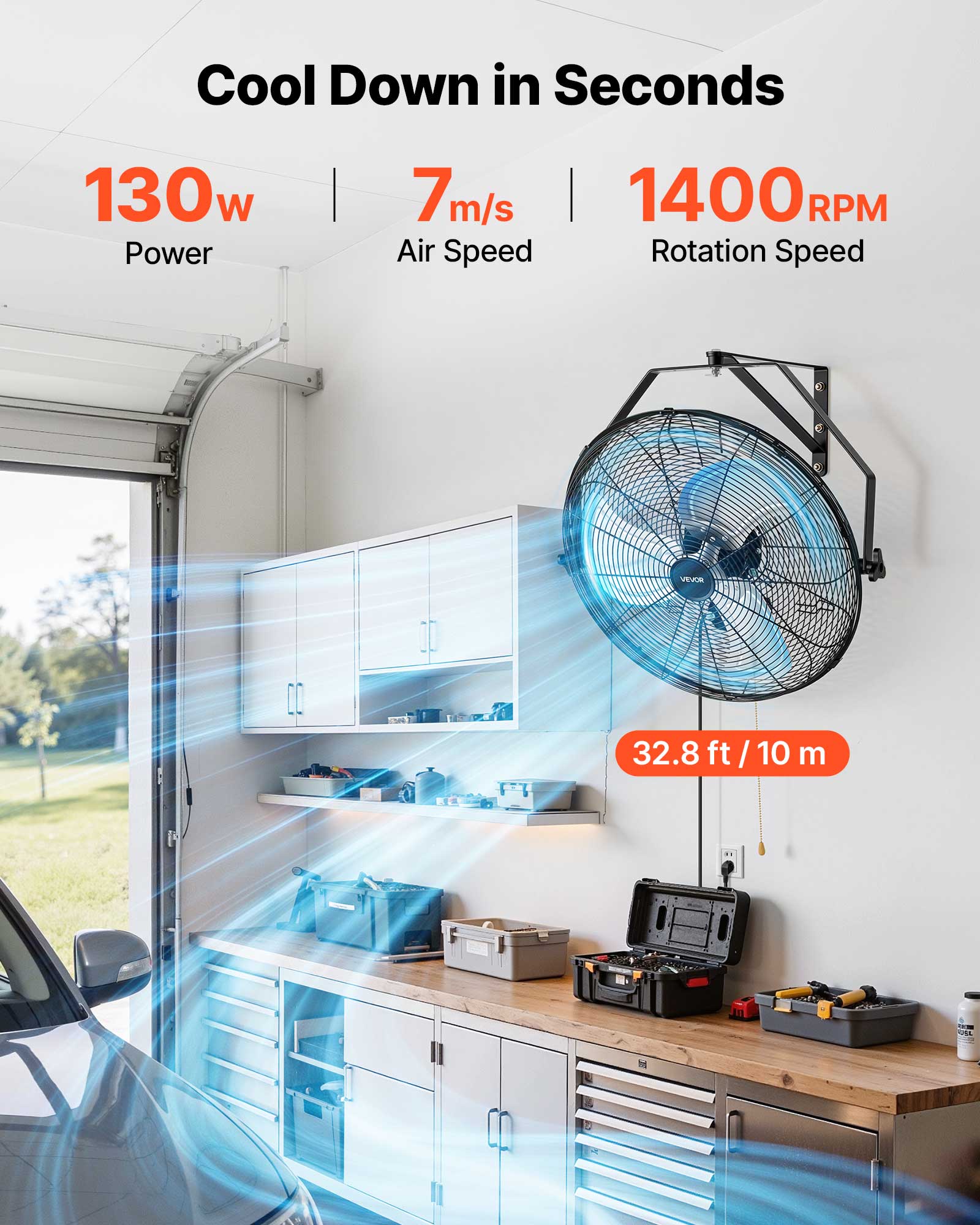 Cool Down in Seconds

130w Power

7 m/s Air Speed

1400 RPM Rotation Speed

32.8 ft / 10 m