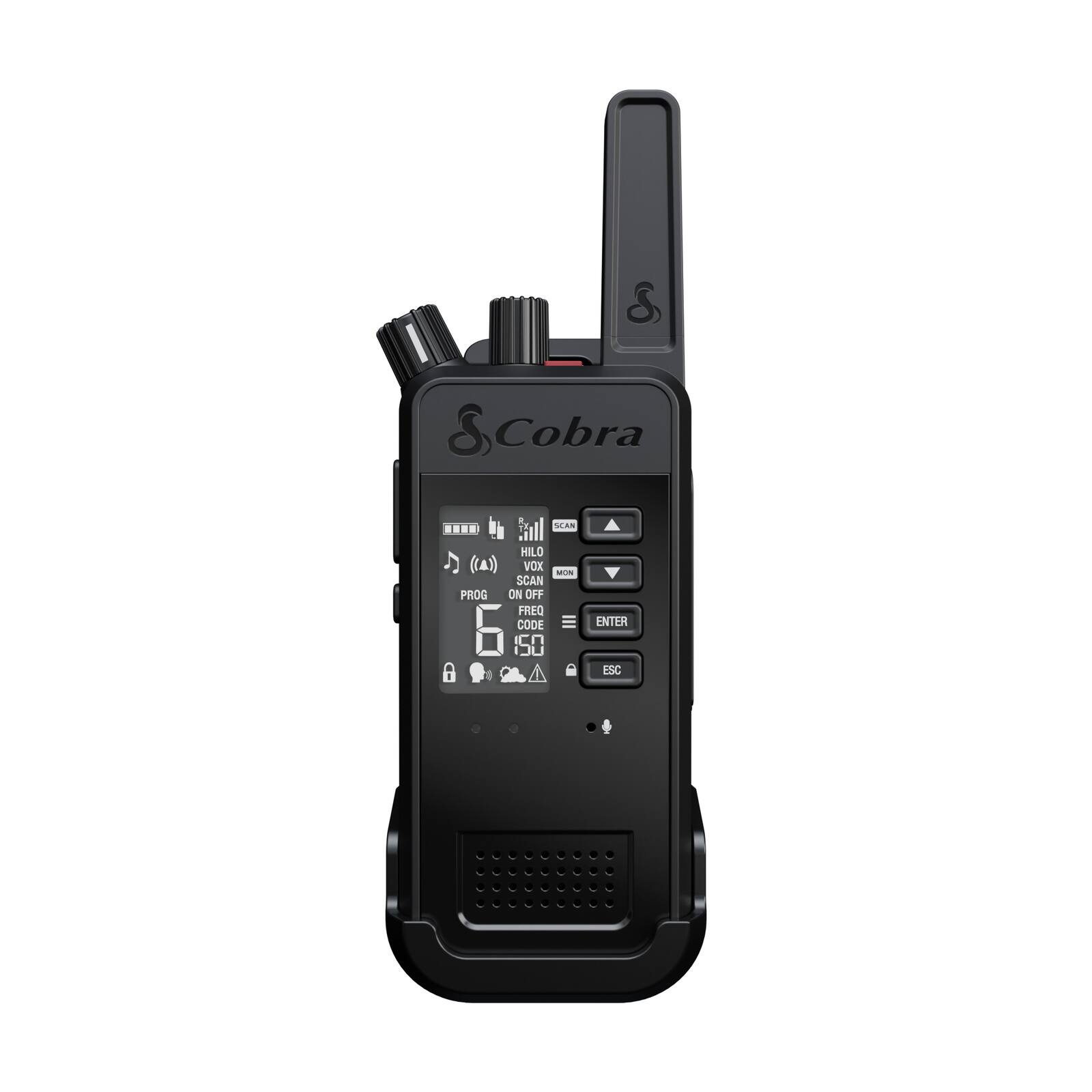 The image features a black Cobra radio with a black antenna. The radio has a display screen that shows the time, battery life, and signal strength. The radio also has a scan function, allowing users to quickly scan through different channels. The radio is designed for outdoor use and has a compact size, making it easy to carry around.