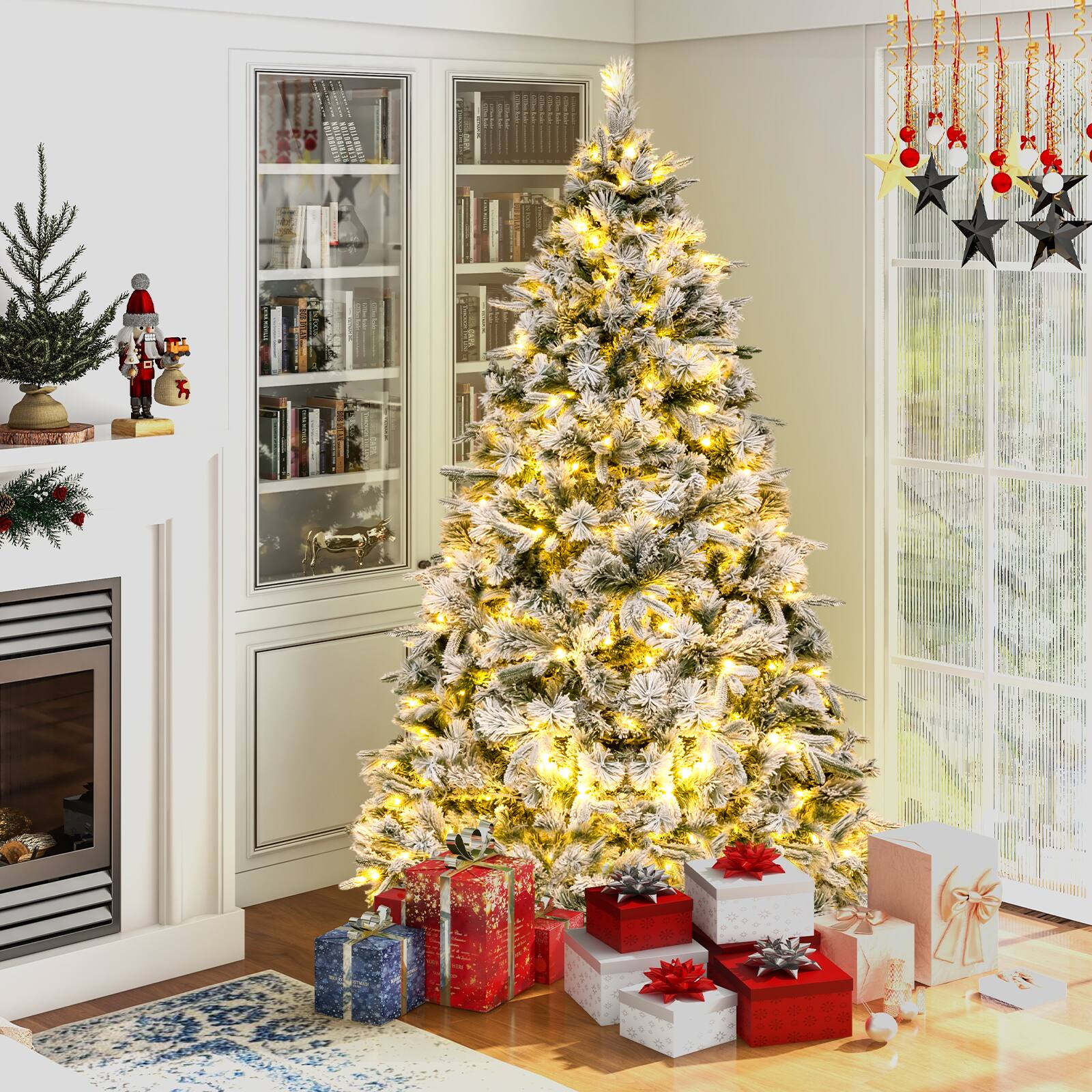 Alt View 1. Gymax - Gymax 7 ft pre-lit artificial Christmas tree w/ 300 LED lights full branch Christmas tree - White, Green.