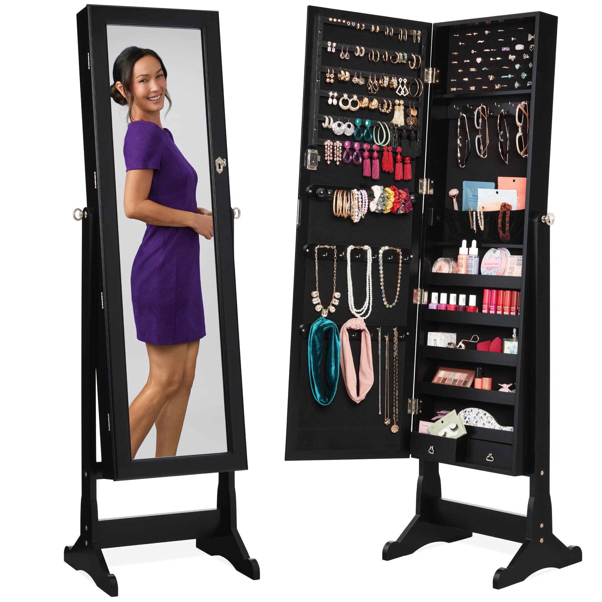 Door/Wall Mount Mirror Jewelry Cabinet Armoire w/ Inside Mirror, LED Lights - Thumbnail 2
