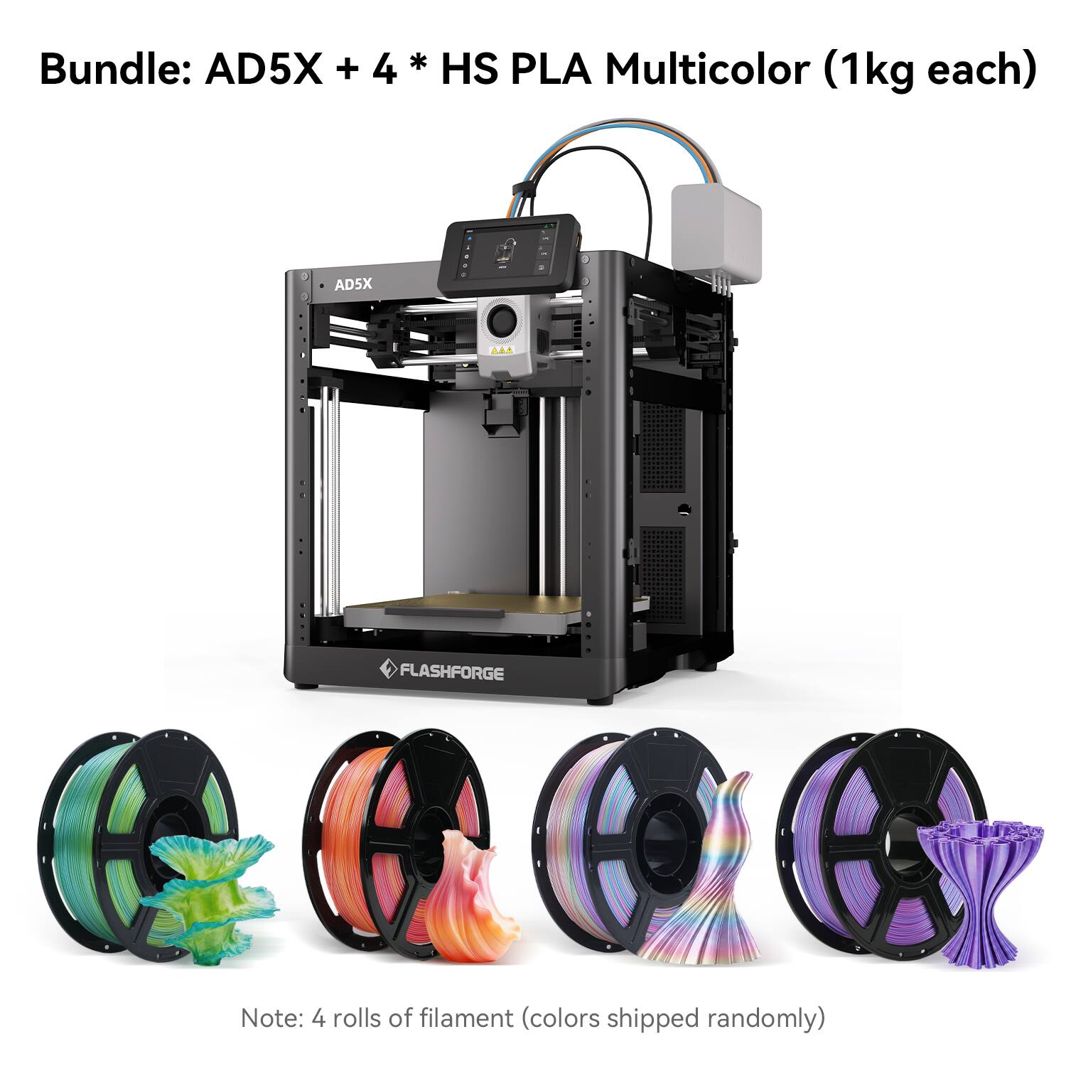 Bundle: AD5X + 4 * HS PLA Multicolor (1kg each)

Note: 4 rolls of filament (colors shipped randomly)
