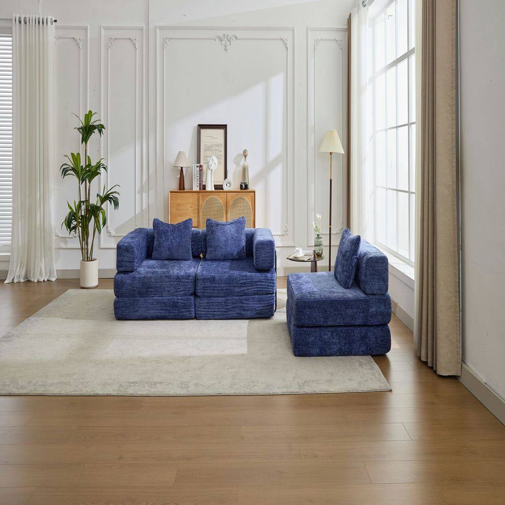 Alt View 2. Kadyn - Compression Sectional Sofa, Convertible Floor Bed with Fixed Frame, Boneless Chenille, Dark Blue - Blue.