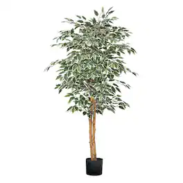 VEVOR - 5FT Artificial Ficus Tree with Black Pot, Tall Faux Ficus Plant with Natural Wood Trunk and Realistic Leaves - Green
