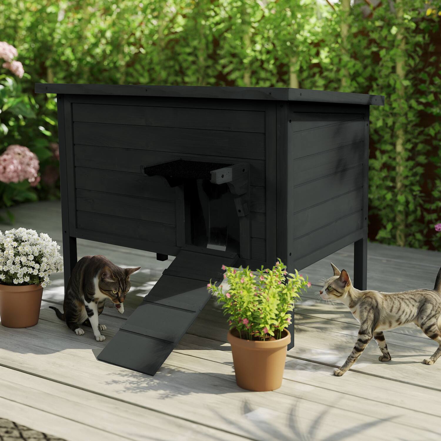 Alt View 2. FODINGHILL - Insulated Outdoor Cat House for Multiple Pets, Weatherproof Wood Shelter with Foldable Ladder & Acrylic Window, Black.