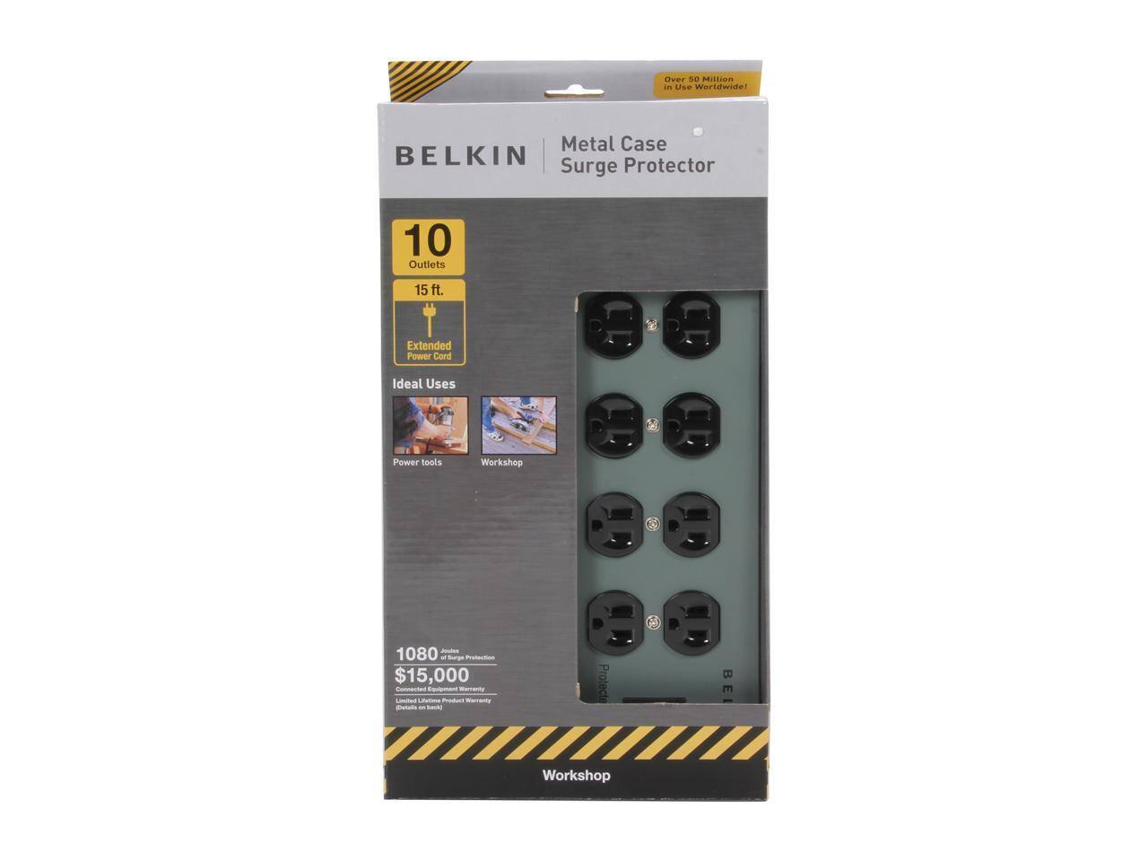 Over 50 Million in Use Worldwide! Metal Case BELKIN Protector Surge 10 Outlets 15 ft. Extended Power Cord Ideal Uses Power tools Workshop 1080 Jutes - Surge Protection $15,000 - 2-year Warranty - 2-year Warranty - SI Protection BELKIN Workshop