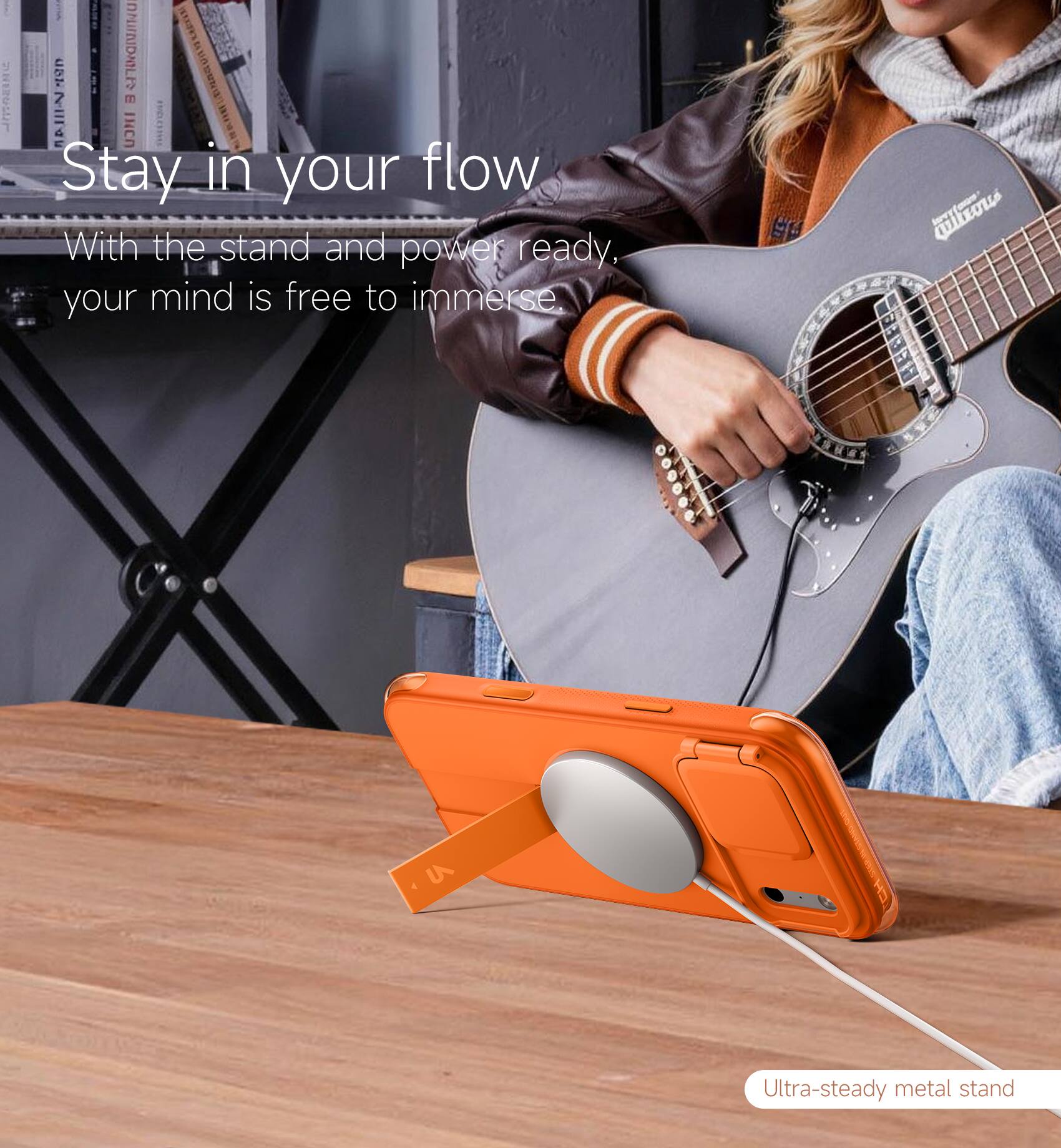 Stay in your flow  
With the stand and power ready, your mind is free to immerse.  

Ultra-steady metal stand
