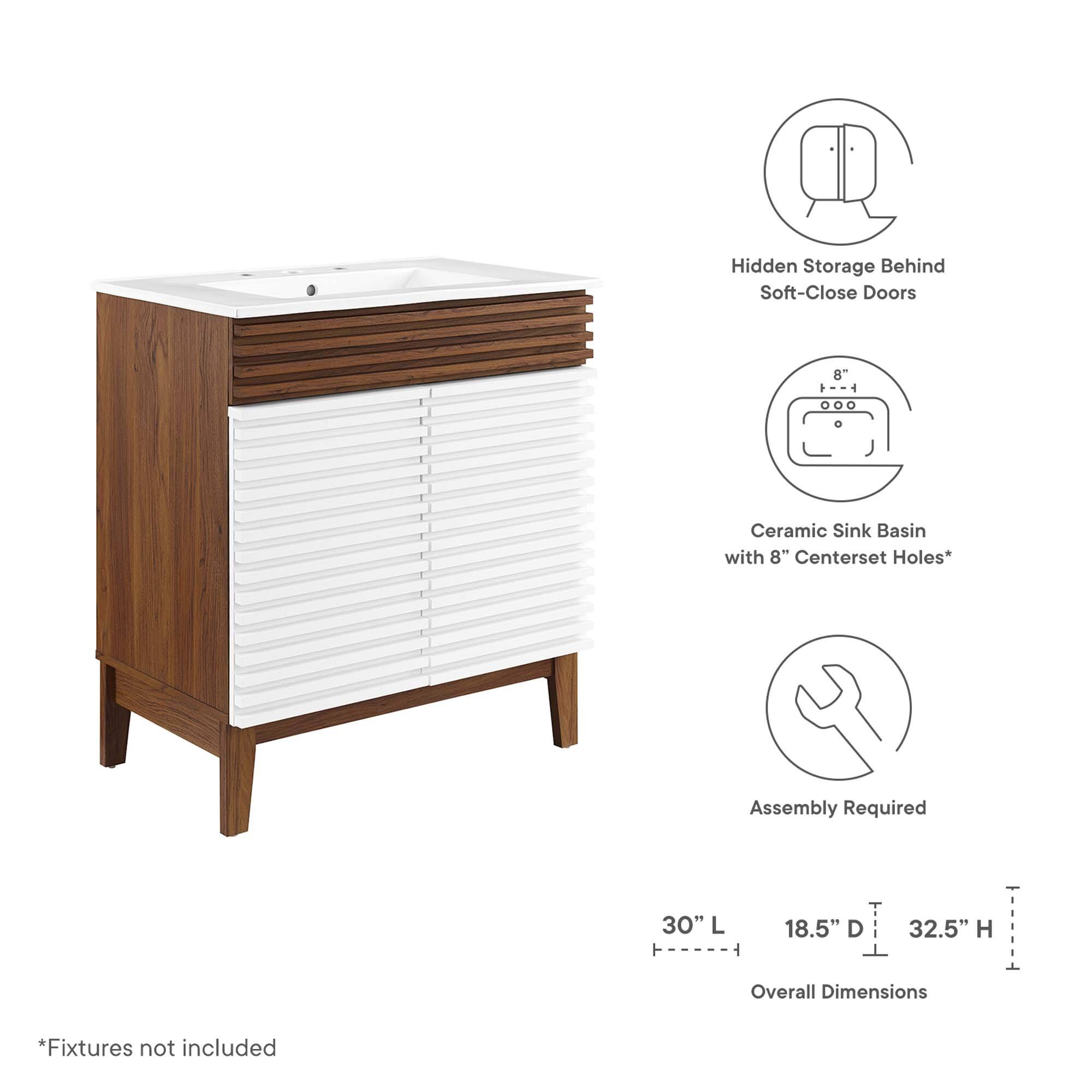 Hidden Storage Behind Soft-Close Doors  
8" Ceramic Sink Basin with 8" Centerset Holes*  
Assembly Required  
30" L x 18.5" D x 32.5" H Overall Dimensions  
*Fixtures not included