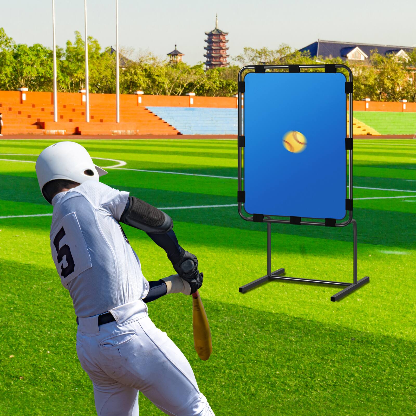 Front. Oumilen - Metal Baseball Softball Pitching Target Practice Frame with Blue Fabric Panel - Blue.