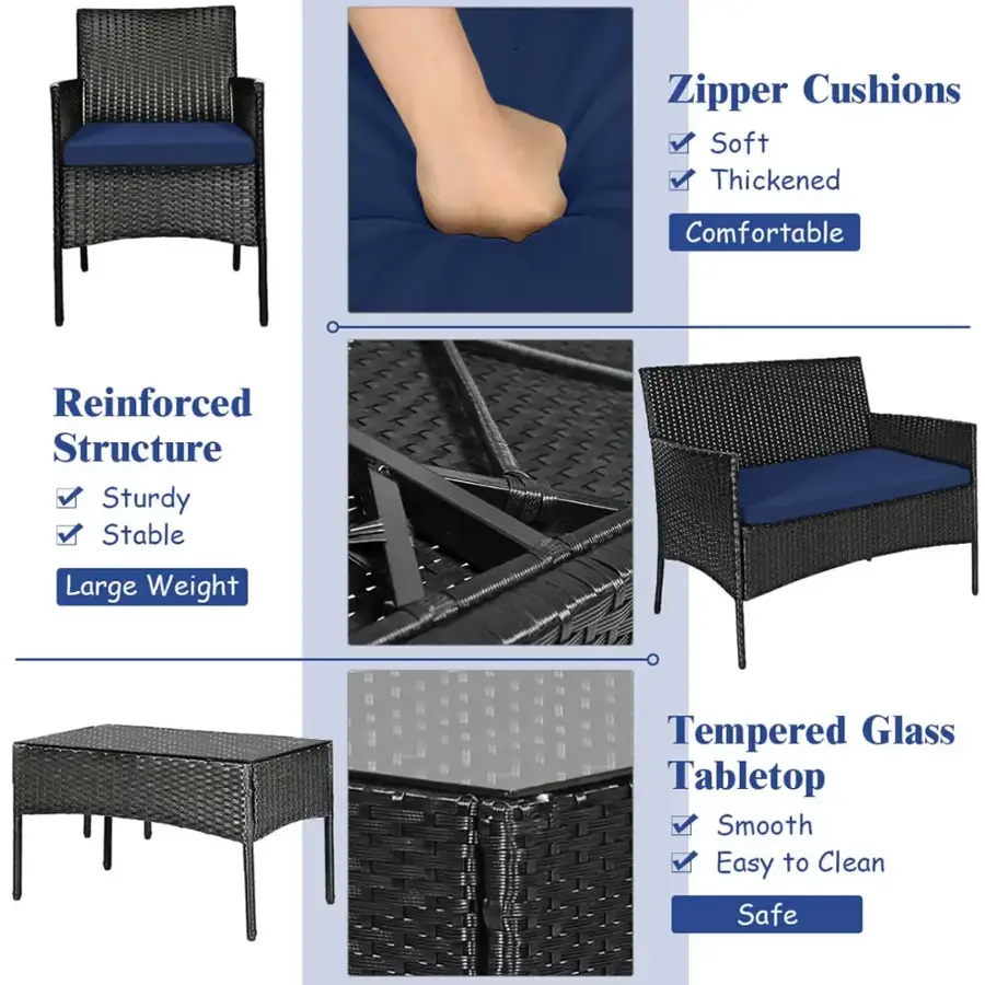 Zipper Cushions: Soft, Thickened, Comfortable, Reinforced Structure, Sturdy, Stable, Large Weight, Tempered Glass Tabletop, Smooth, Easy to Clean, Safe.