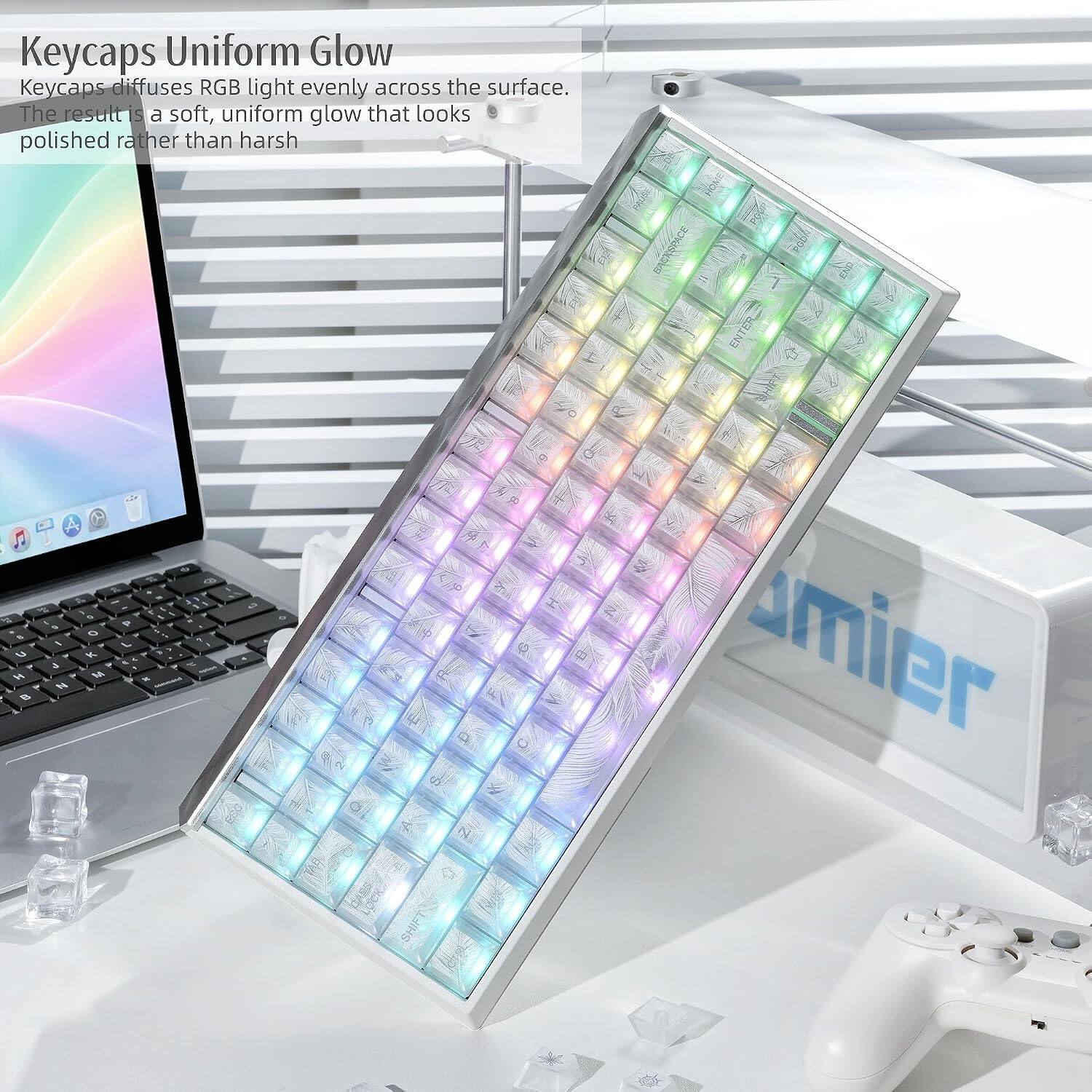 Keycaps Uniform Glow  
Keycaps diffuses RGB light evenly across the surface. The result is a soft, uniform glow that looks polished rather than harsh.