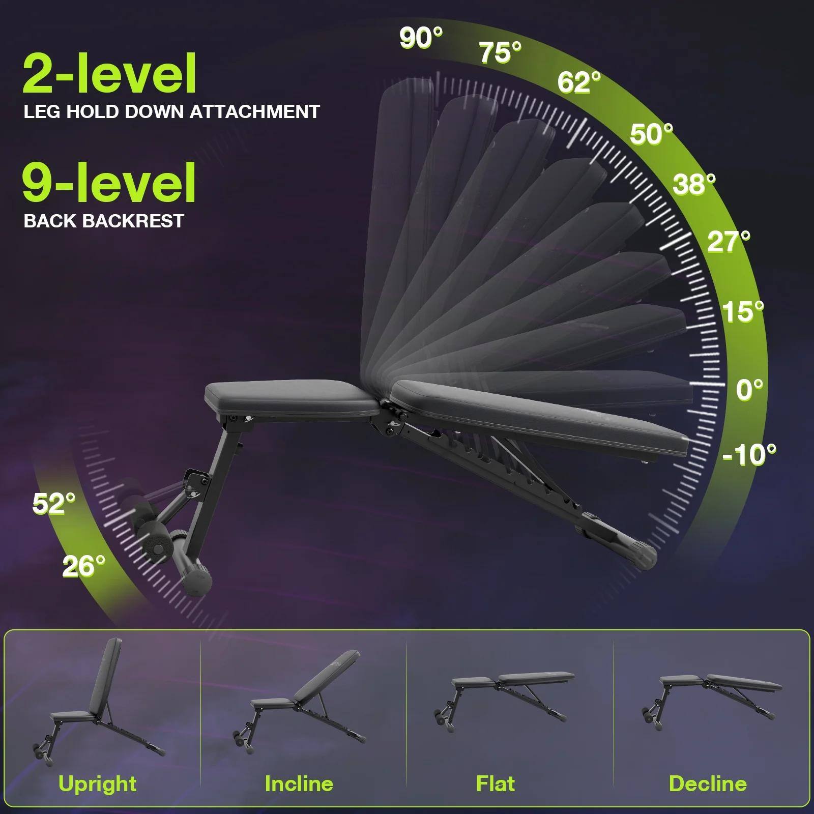 2-level LEG HOLD DOWN ATTACHMENT  
9-level BACK BACKREST  

90° 75° 62° 50° 38° 27° 15° 0° -10° 52° 26°  

Upright Incline Flat Decline
