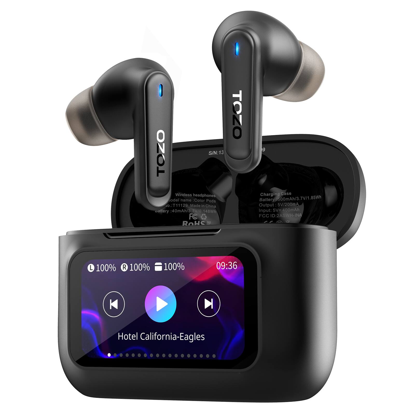 TOZO - ColorPods Wireless Earbuds, Touch Screen, ANC, 4 Mics ENC, Deep Bass, Bluetooth 5.4, IPX6, 32 EQs, Long Playtime - Black